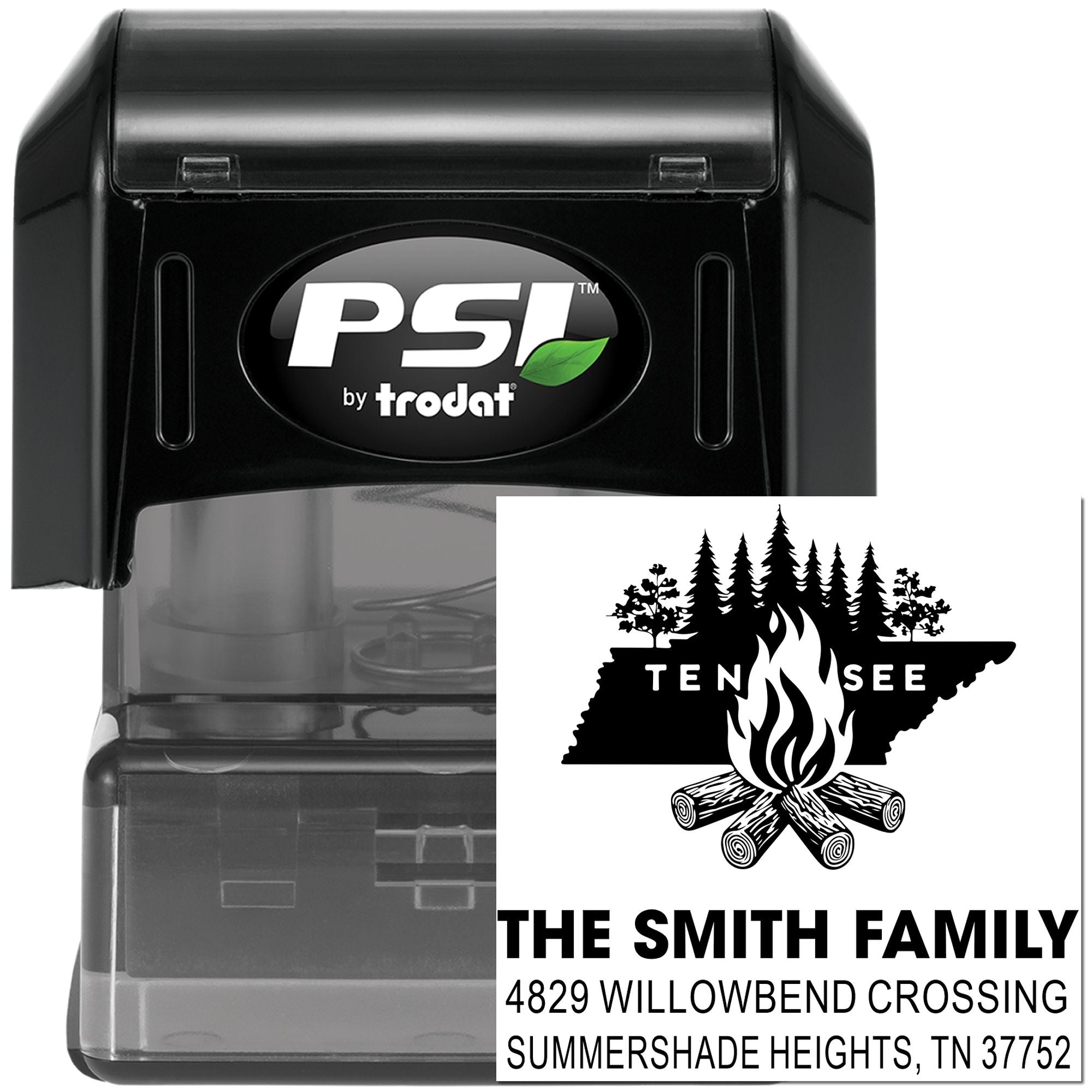 Personalized PSI by Trodat self-inking rubber stamp with custom Tennessee family address and campfire design