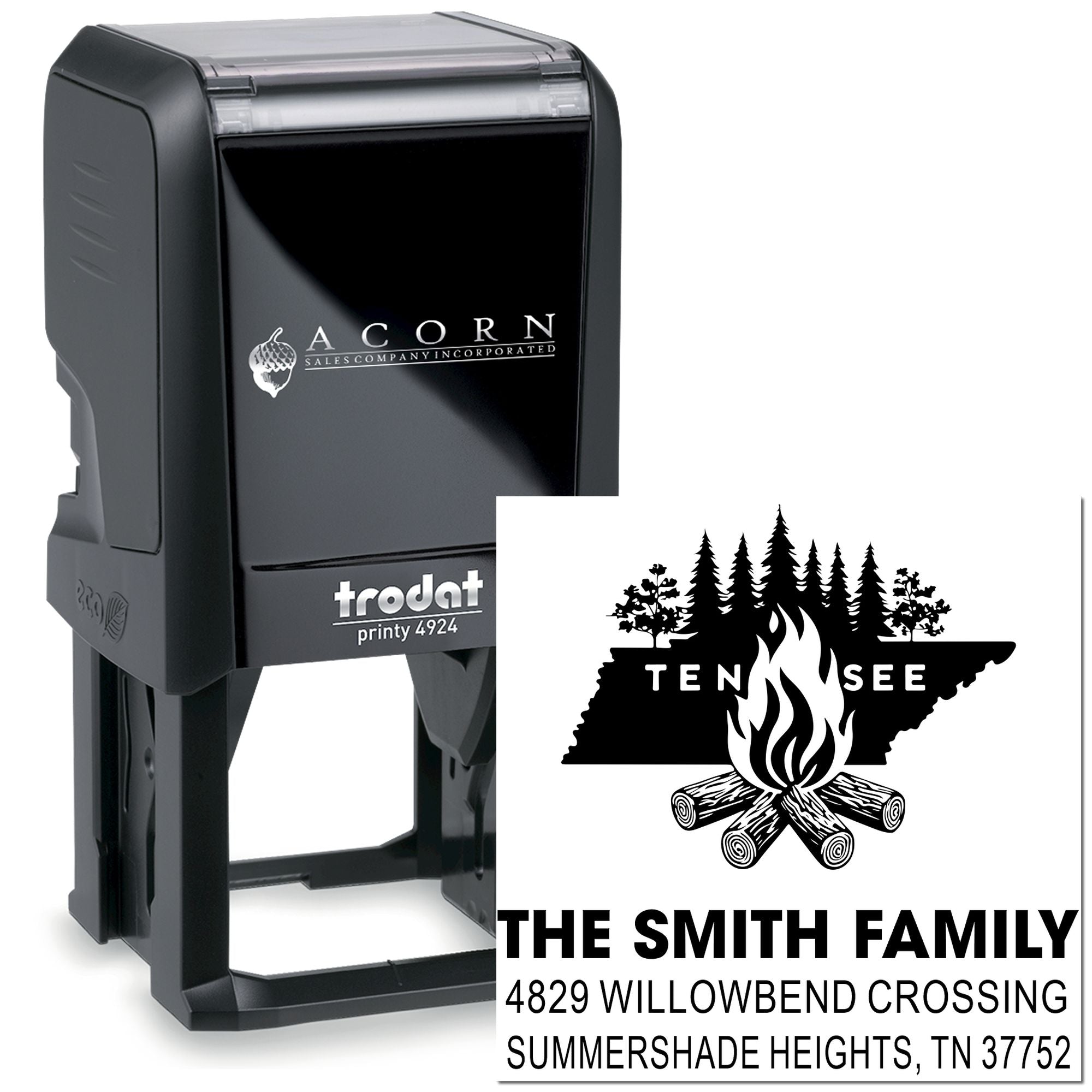 Personalized self-inking rubber stamp with Tennessee family return address and campfire design for custom mailing use
