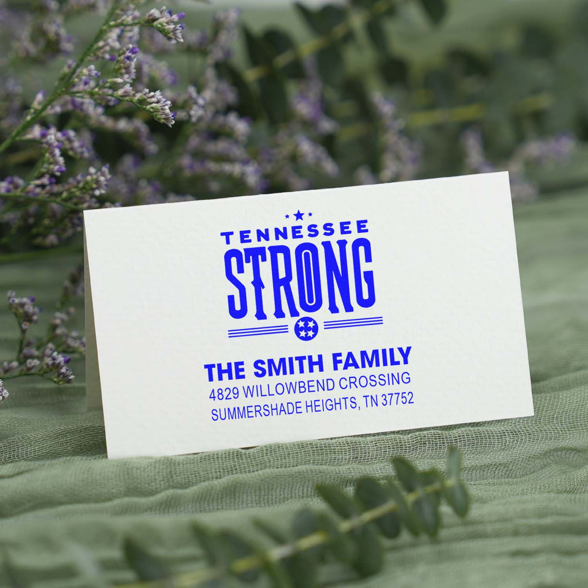 Custom Tennessee Strong rubber address stamp with bold blue return address design for The Smith Family.