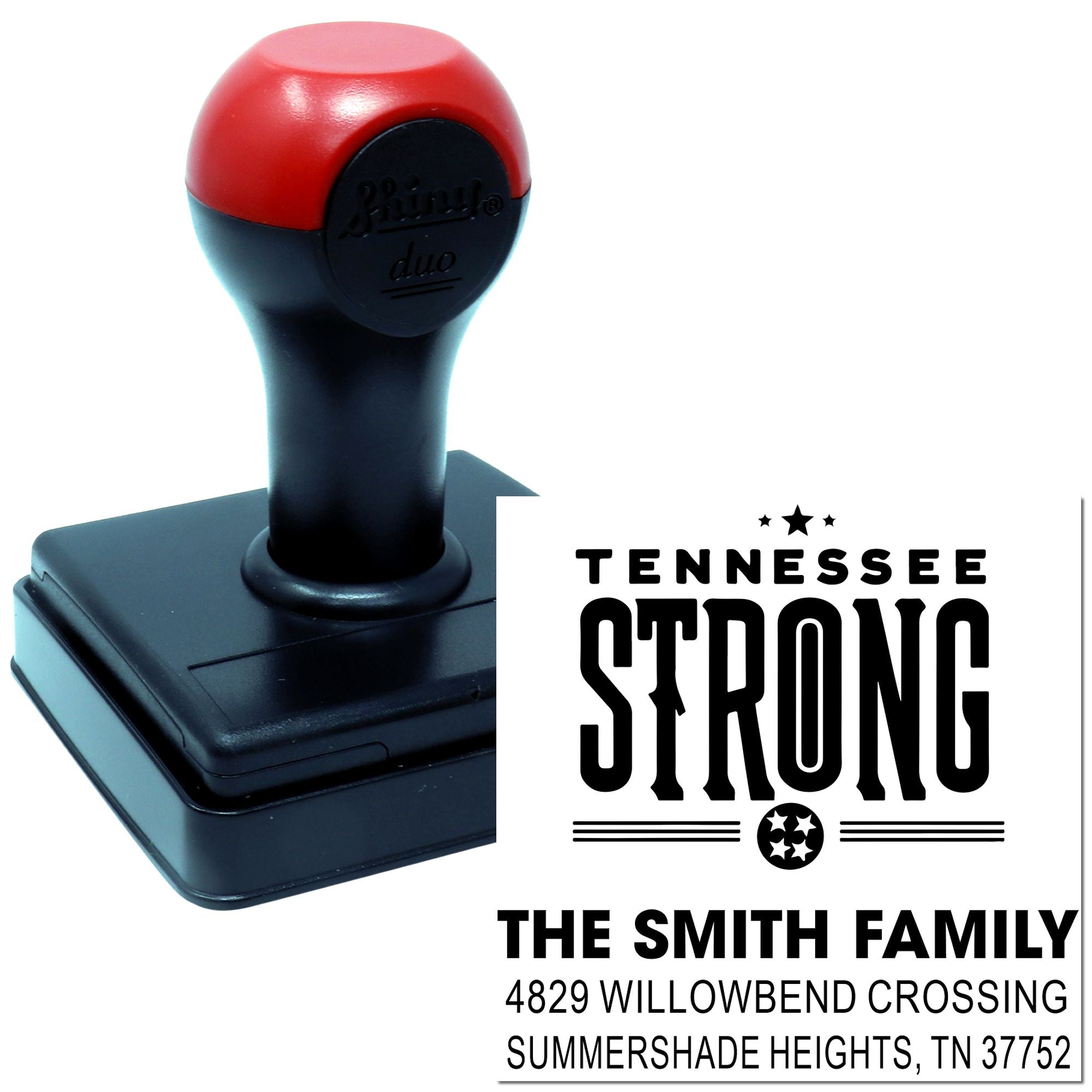 Custom self-inking rubber address stamp with Tennessee Strong design for The Smith Family and mailing address.