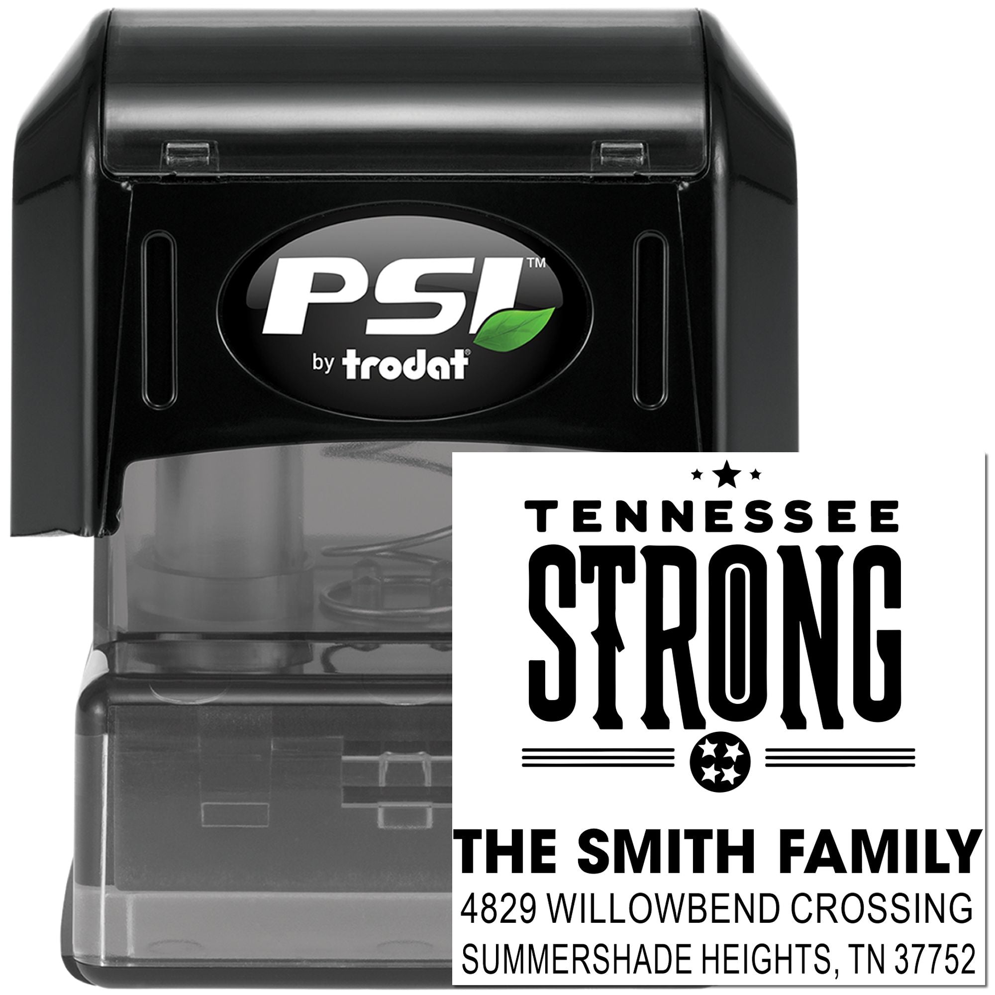 Custom Tennessee Strong self-inking rubber stamp by PSI Trodat for The Smith Family mailing address.