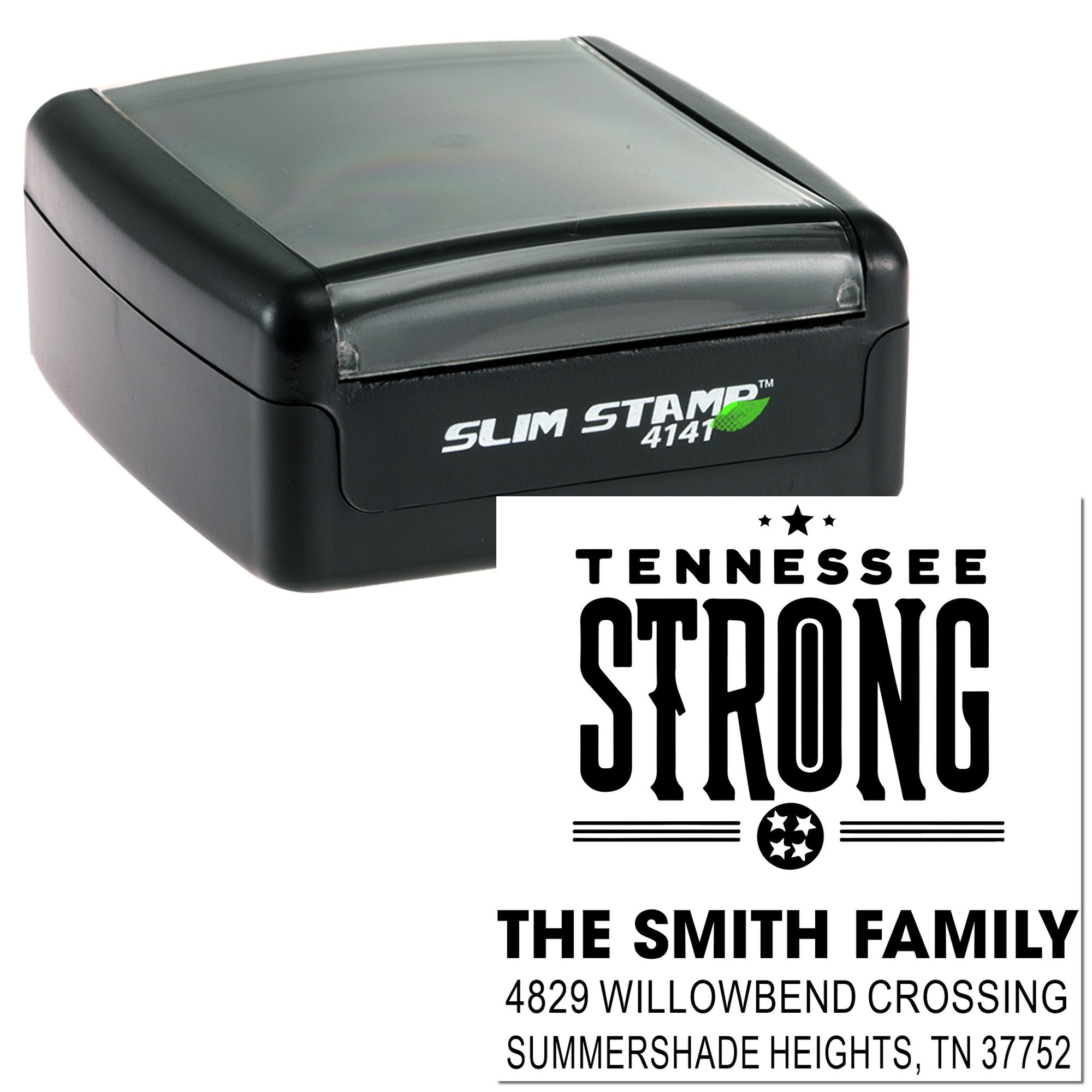 Slim self-inking rubber stamp with Tennessee Strong design and Smith Family address for custom mailing.