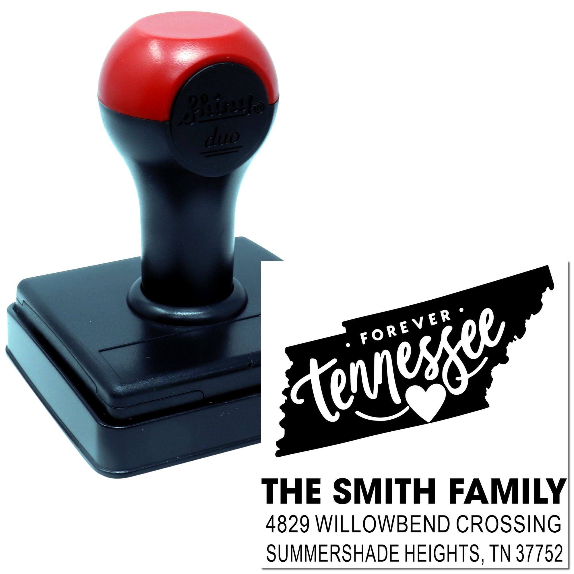 Personalized Tennessee address rubber stamp with self-inking base and Forever Tennessee design for The Smith Family mailings