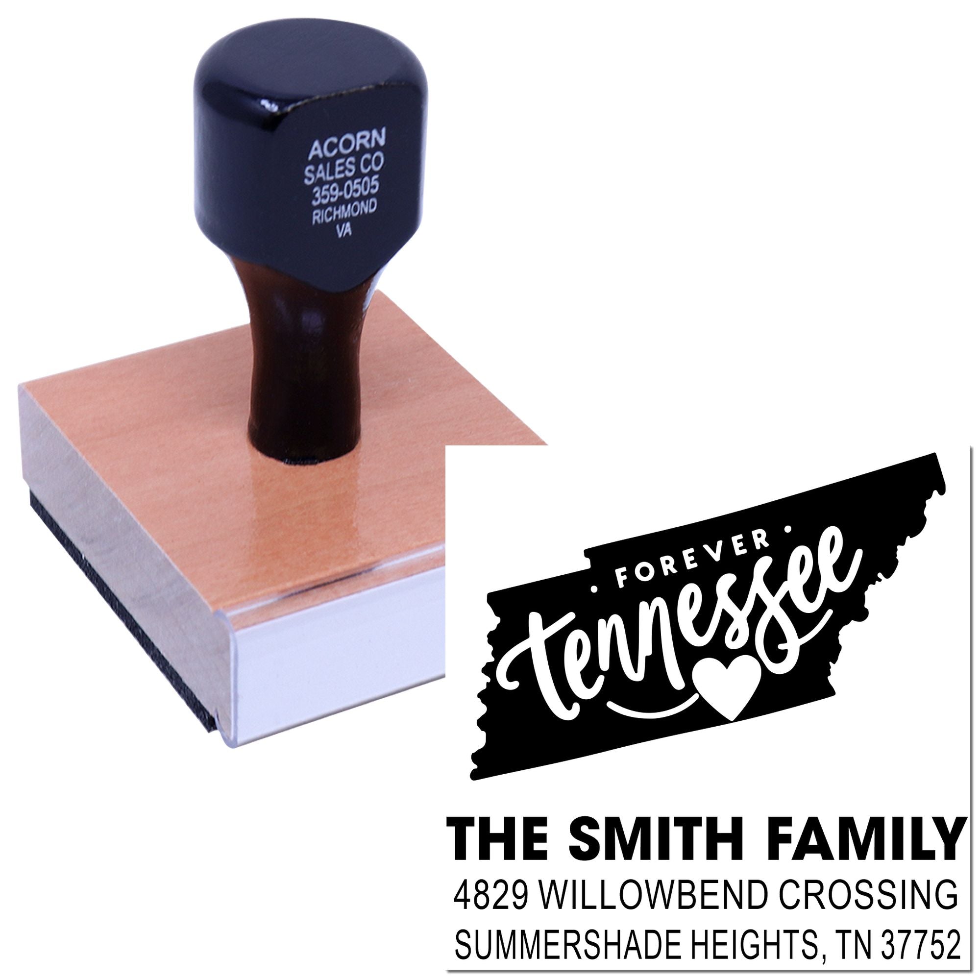 Custom Tennessee family address rubber stamp with state-shaped design and personalized return address imprint.