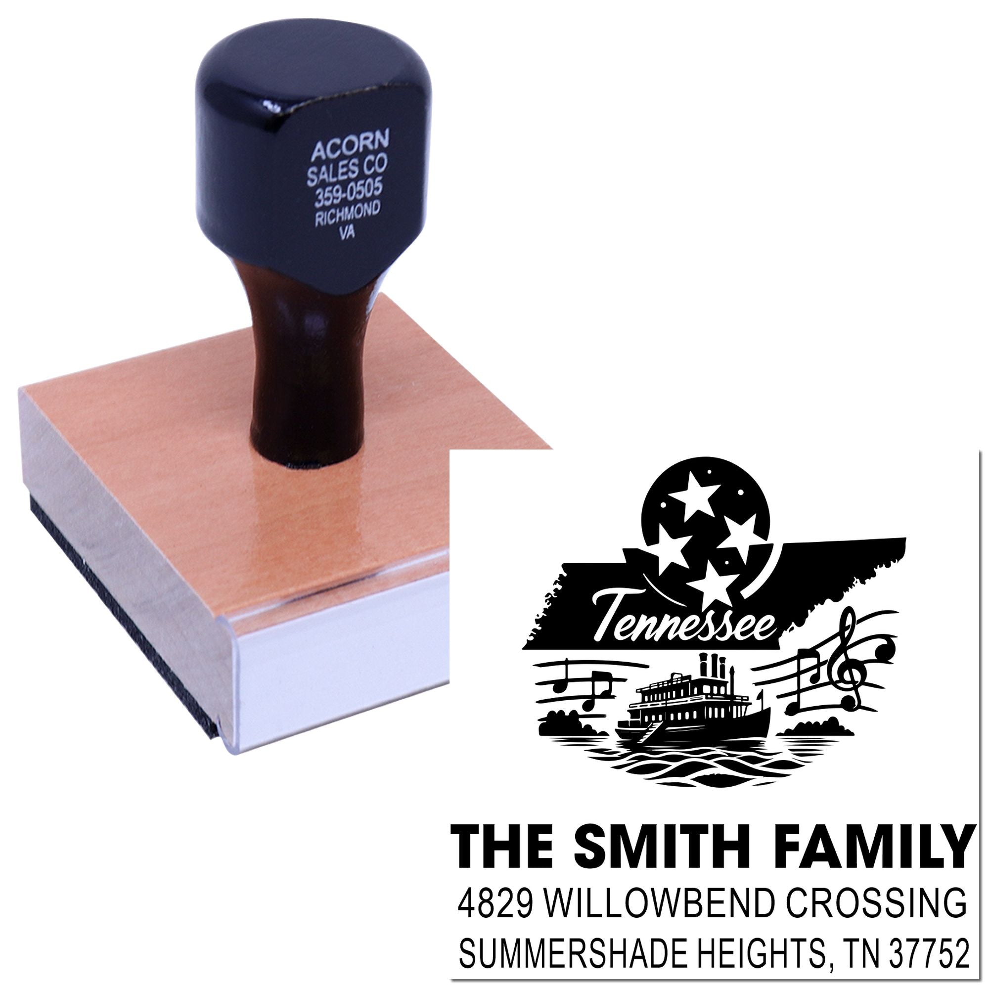 Custom self-inking rubber stamp for personalized Tennessee return address and family name imprint.