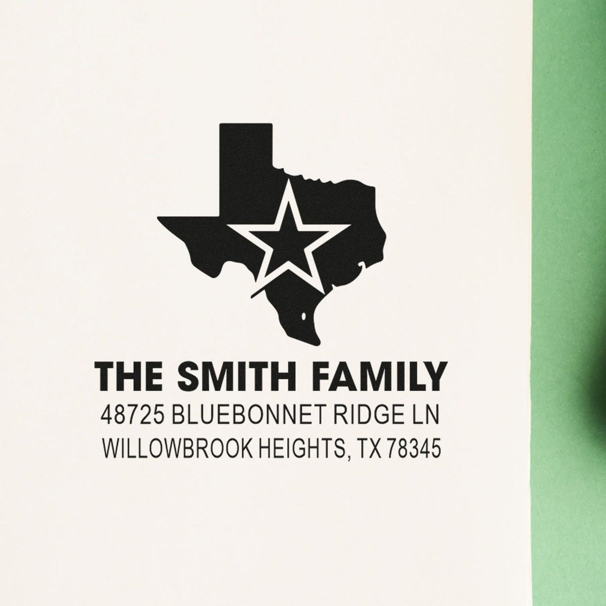 Custom Texas return address rubber stamp with state outline, star, family name, and Willowbrook Heights, TX address.
