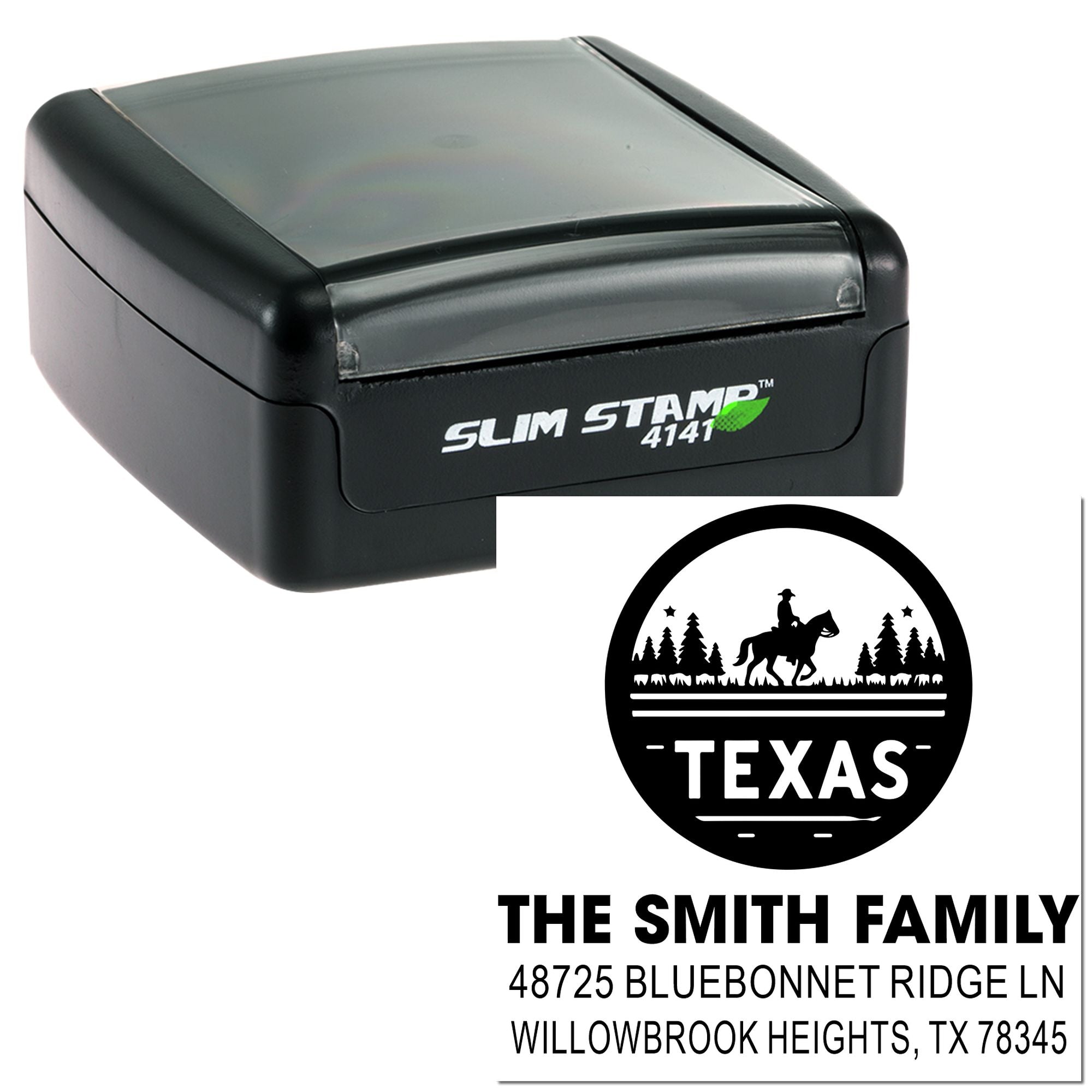 Custom self-inking rubber address stamp with Texas family design and personalized return address.