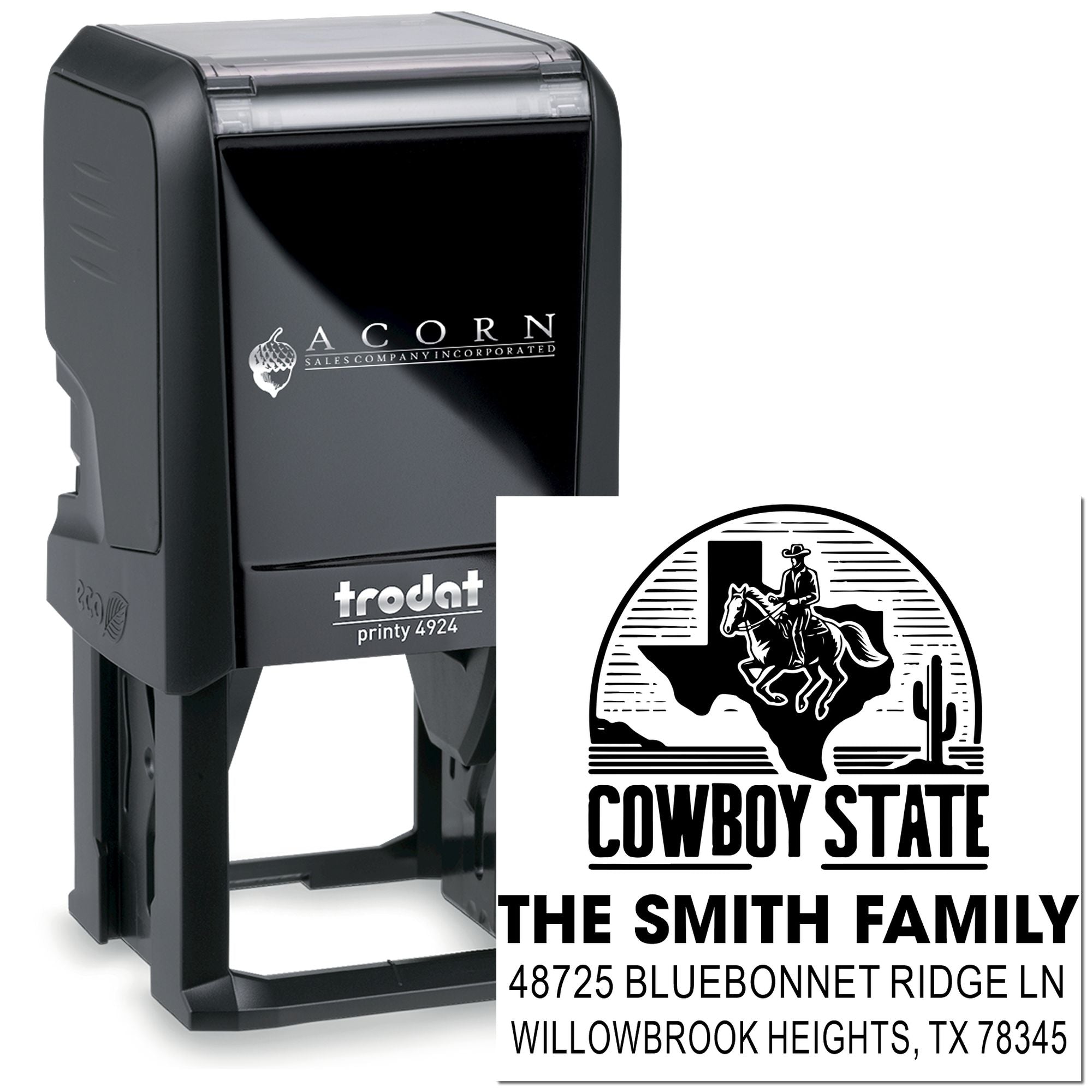 Custom Trodat self-inking rubber stamp with Texas cowboy family address design for personalized mail.