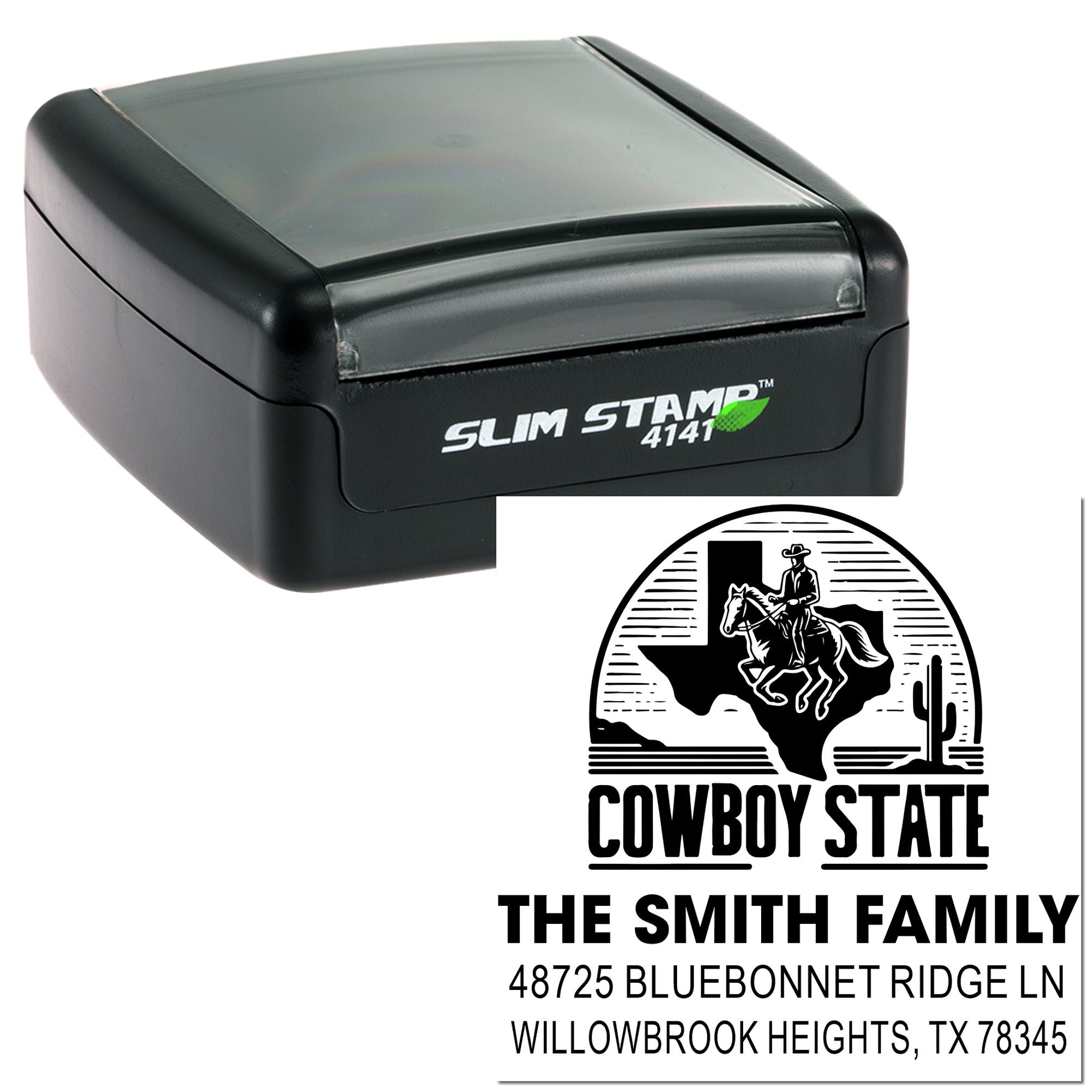 Custom self-inking rubber stamp with Texas Cowboy State family address design for personalized mailing.