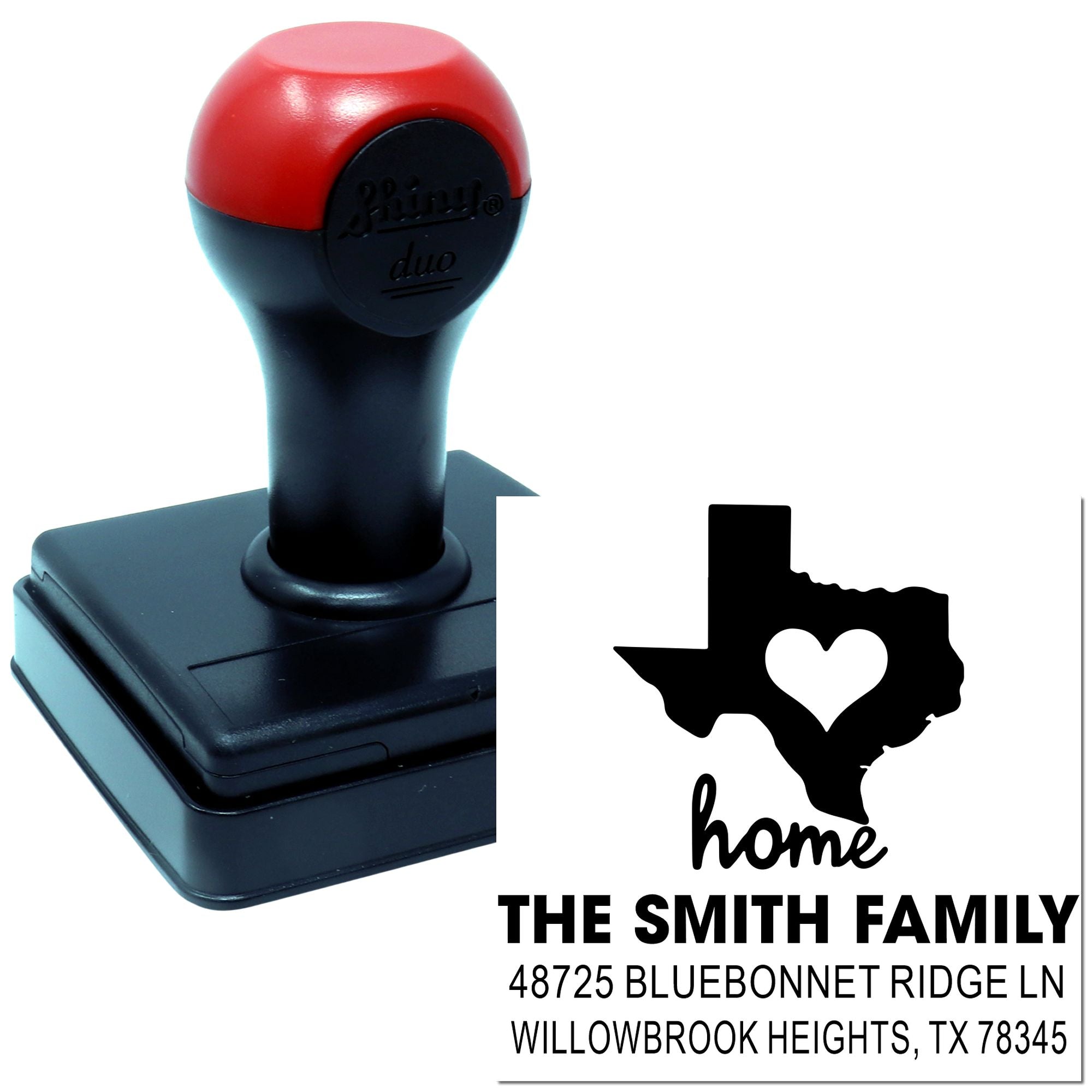 Self-inking Texas home address rubber stamp with family name and custom return address imprint.