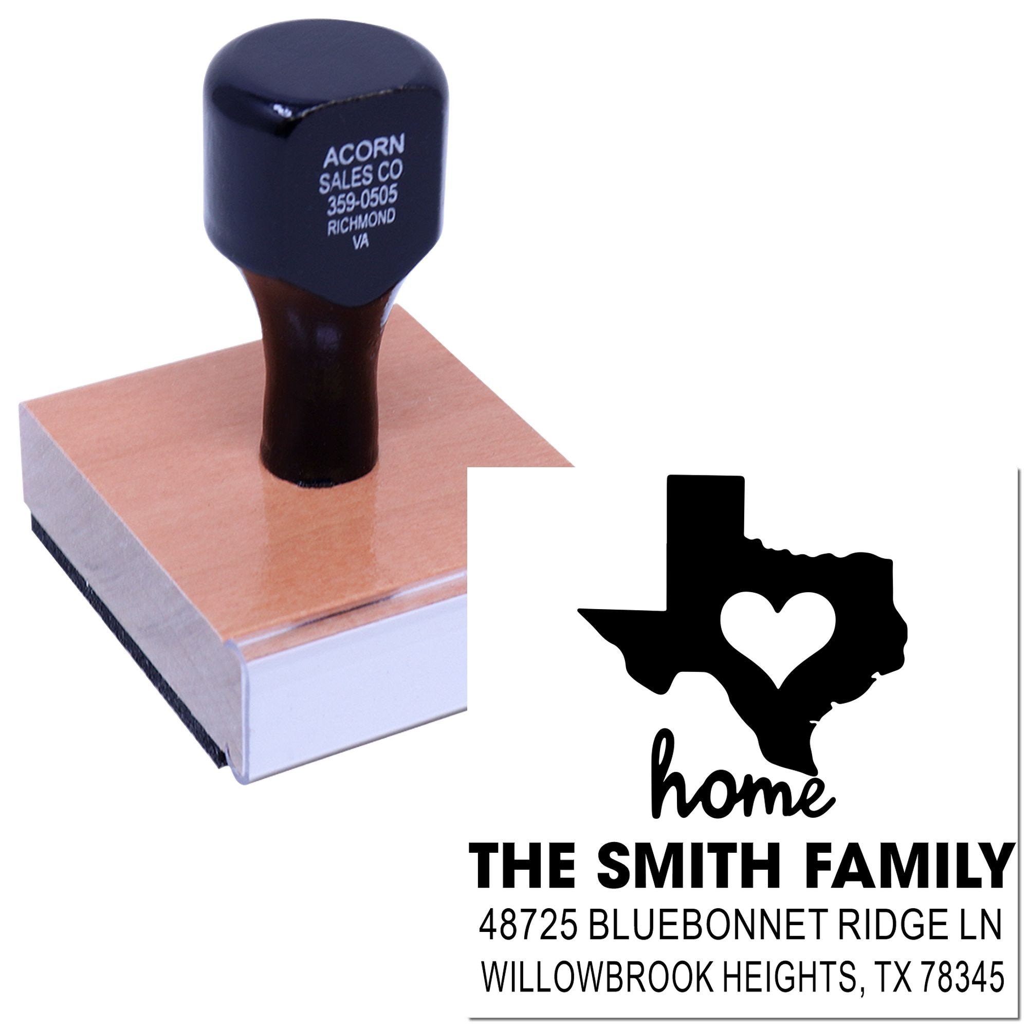 Custom return address rubber stamp with Texas home design for The Smith Family, ideal for personalized mailings.