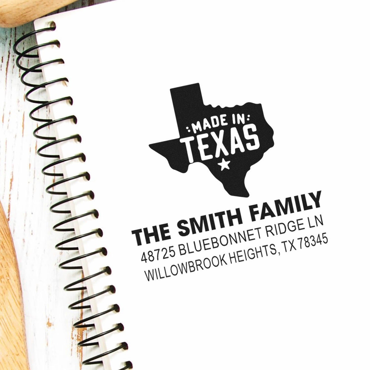 Custom rubber address stamp with Texas shape, Made in Texas design, The Smith Family name, and Willowbrook Heights, TX address.