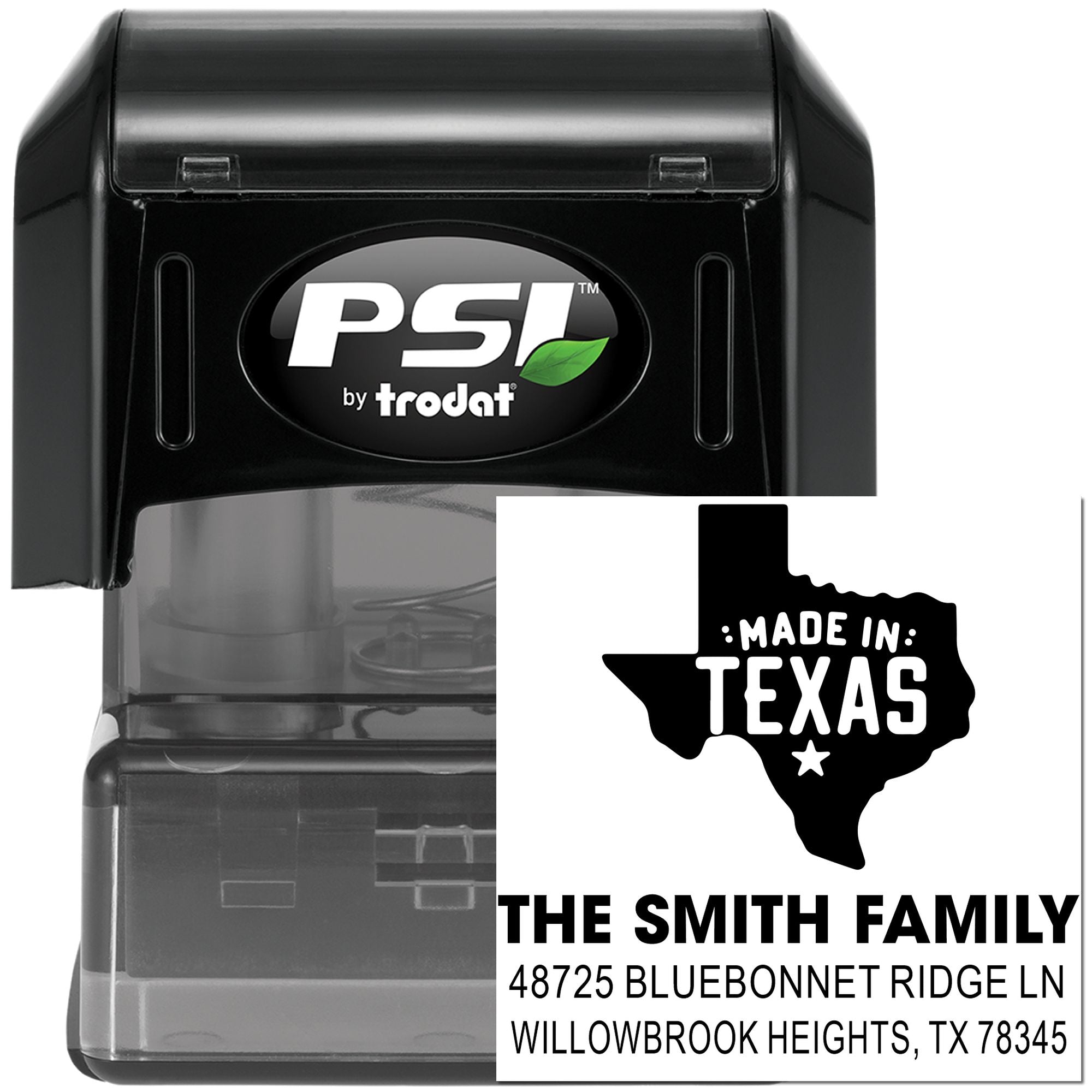 PSI by Trodat self-inking custom address stamp with Made in Texas design for The Smith Family