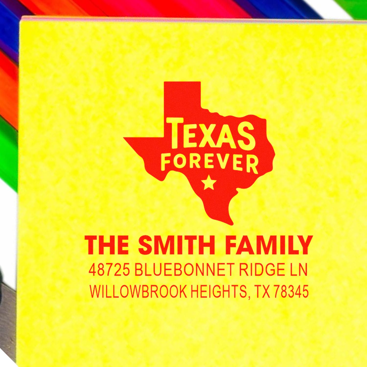 Custom Texas-shaped return address rubber stamp for The Smith Family, Willowbrook Heights, TX.