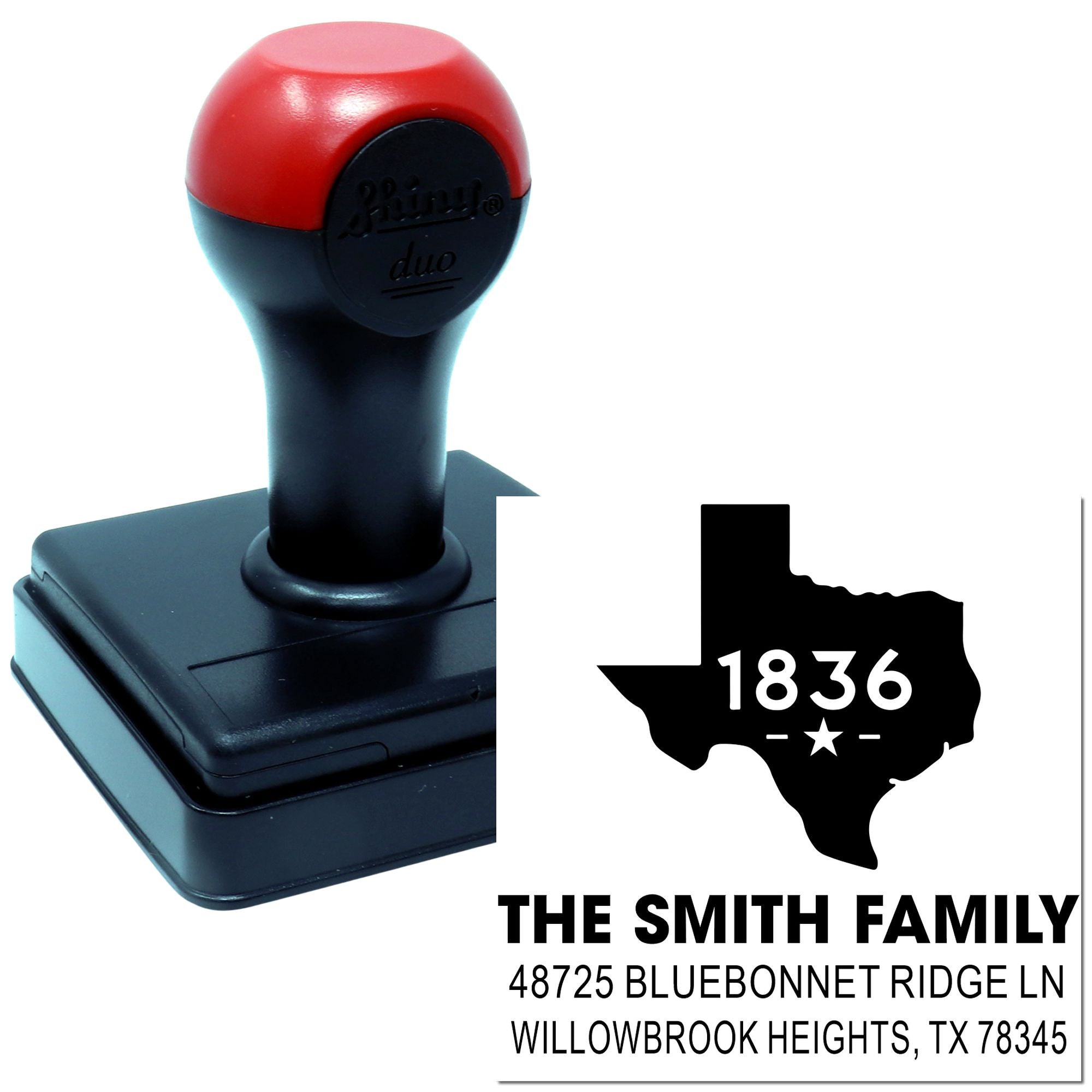 Custom self-inking Texas return address rubber stamp with The Smith Family 1836 design for mail and envelopes.