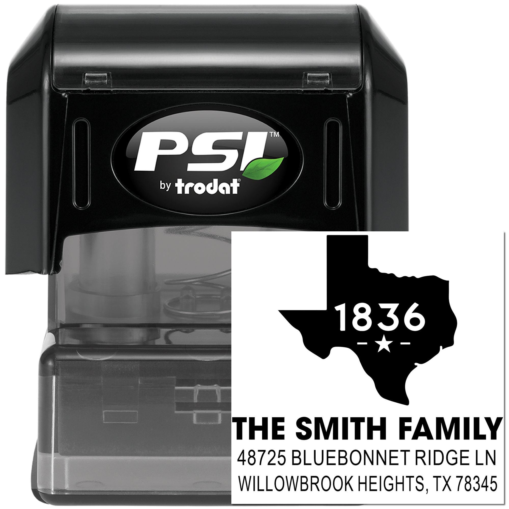 Custom self-inking rubber address stamp for The Smith Family with Texas graphic and return address