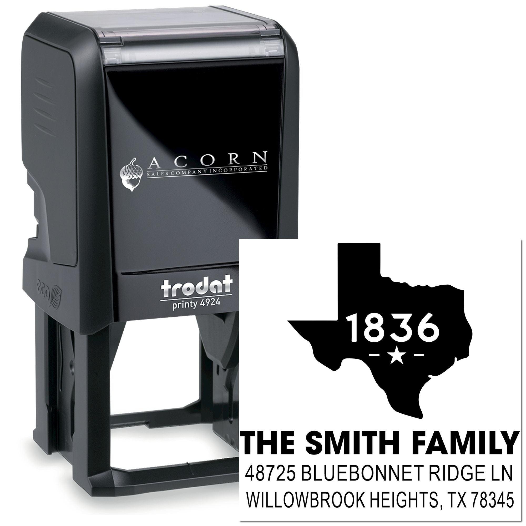 Personalized Texas return address rubber stamp with family name and address, self-inking custom stamp