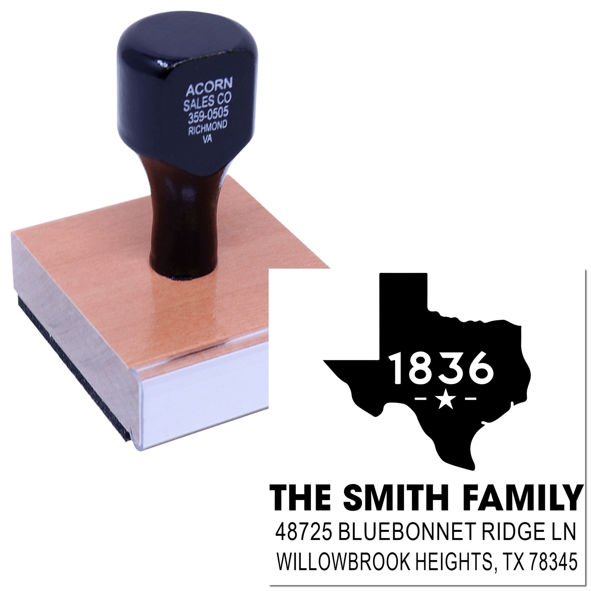 Custom self-inking Texas family address rubber stamp with Smith family name, street address, and state silhouette.
