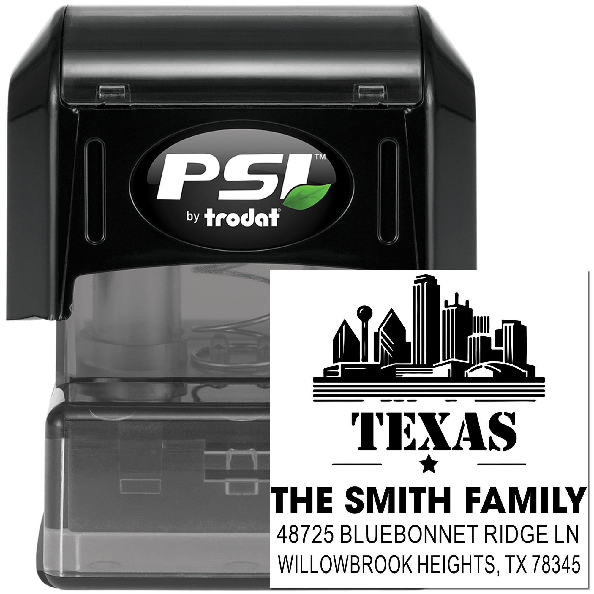 PSI by Trodat custom self-inking return address stamp with Texas skyline, family name, and address design.