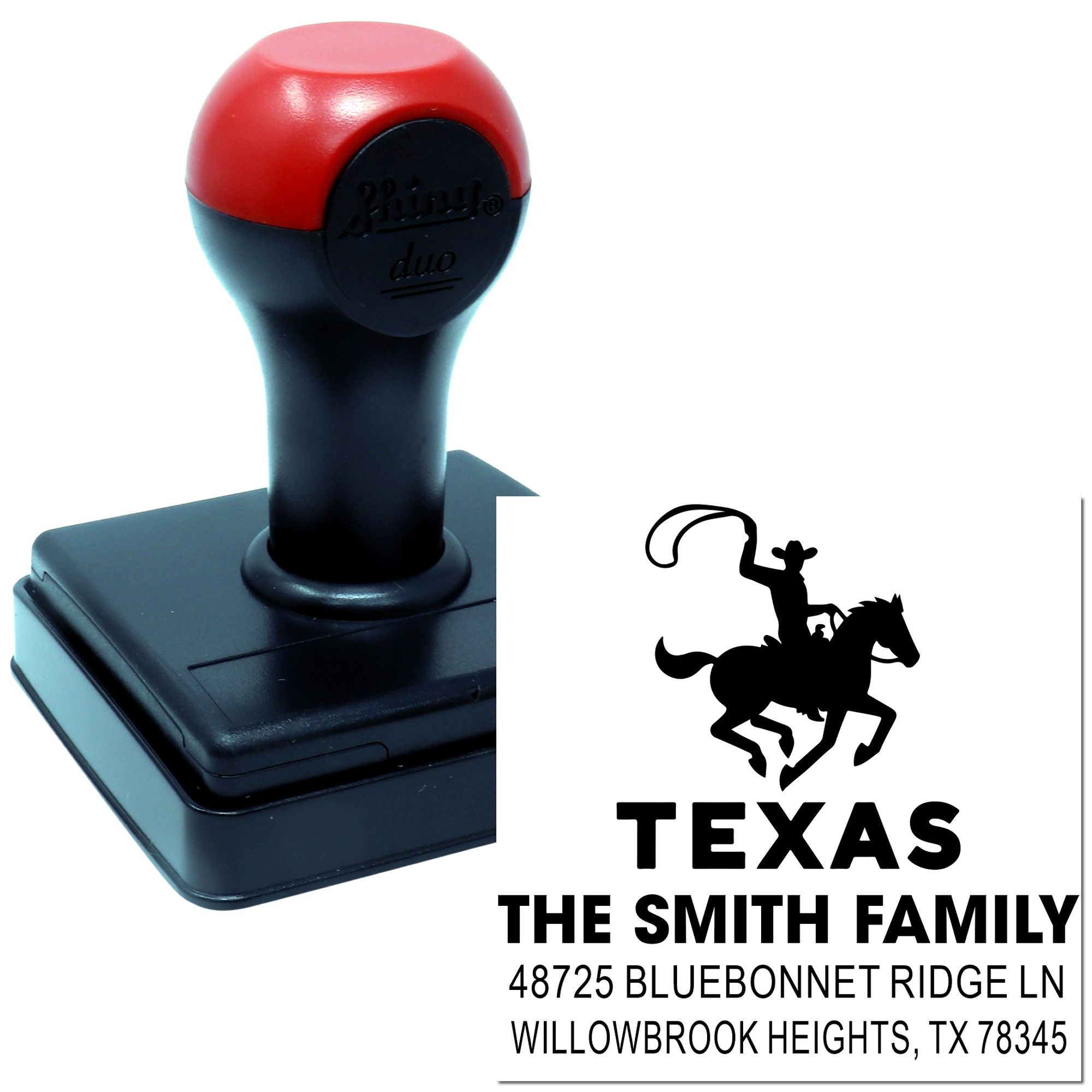 Custom self-inking rubber address stamp for The Smith Family with Texas cowboy logo and return mailing address