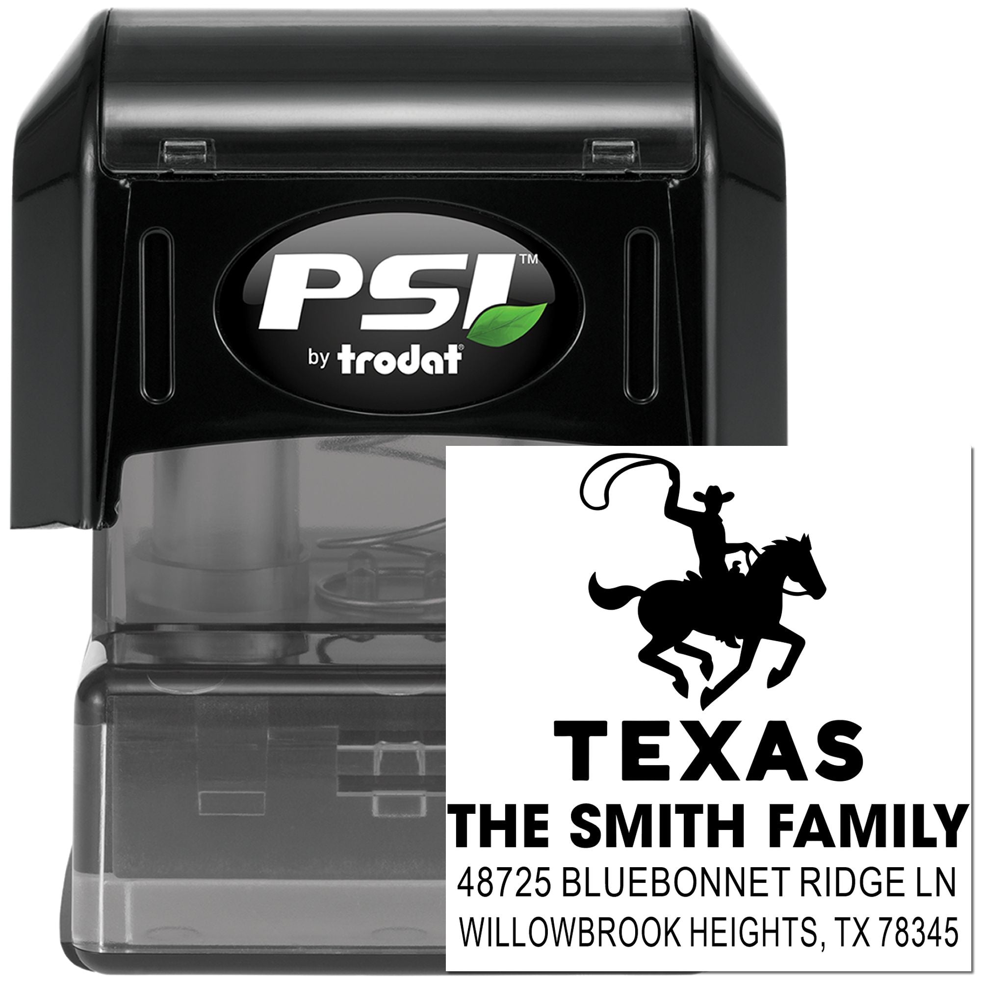 Custom Texas family self-inking address stamp, PSI by Trodat, with cowboy rider logo and return address.