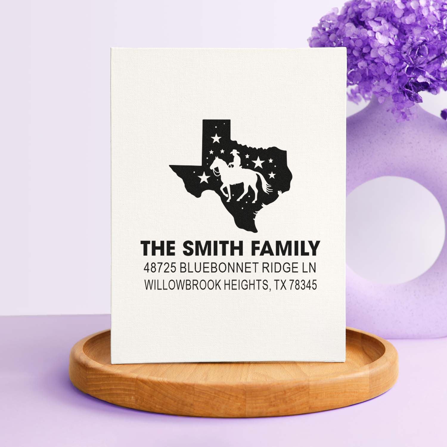 Custom Texas family return address rubber stamp with horse rider silhouette, stars, and personalized Smith family address.