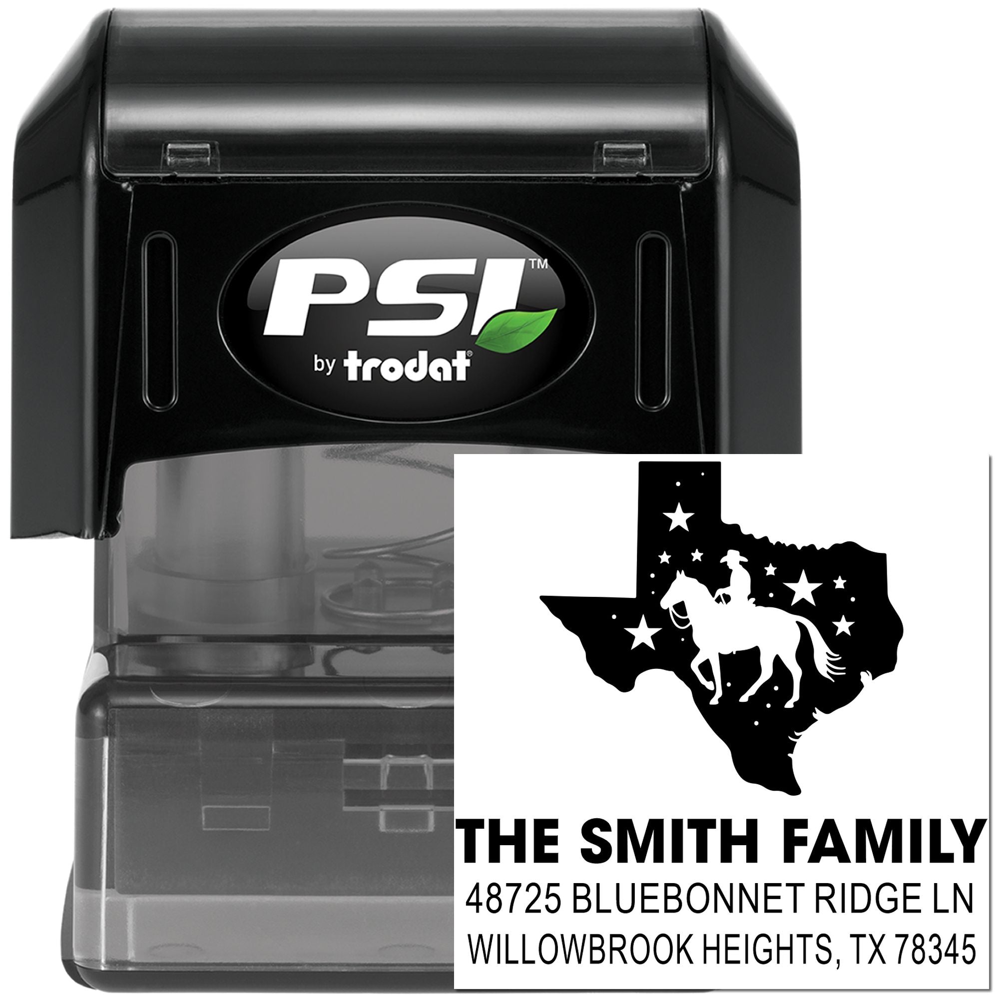 PSI by Trodat self-inking custom rubber address stamp with Texas horse design for family mailing.