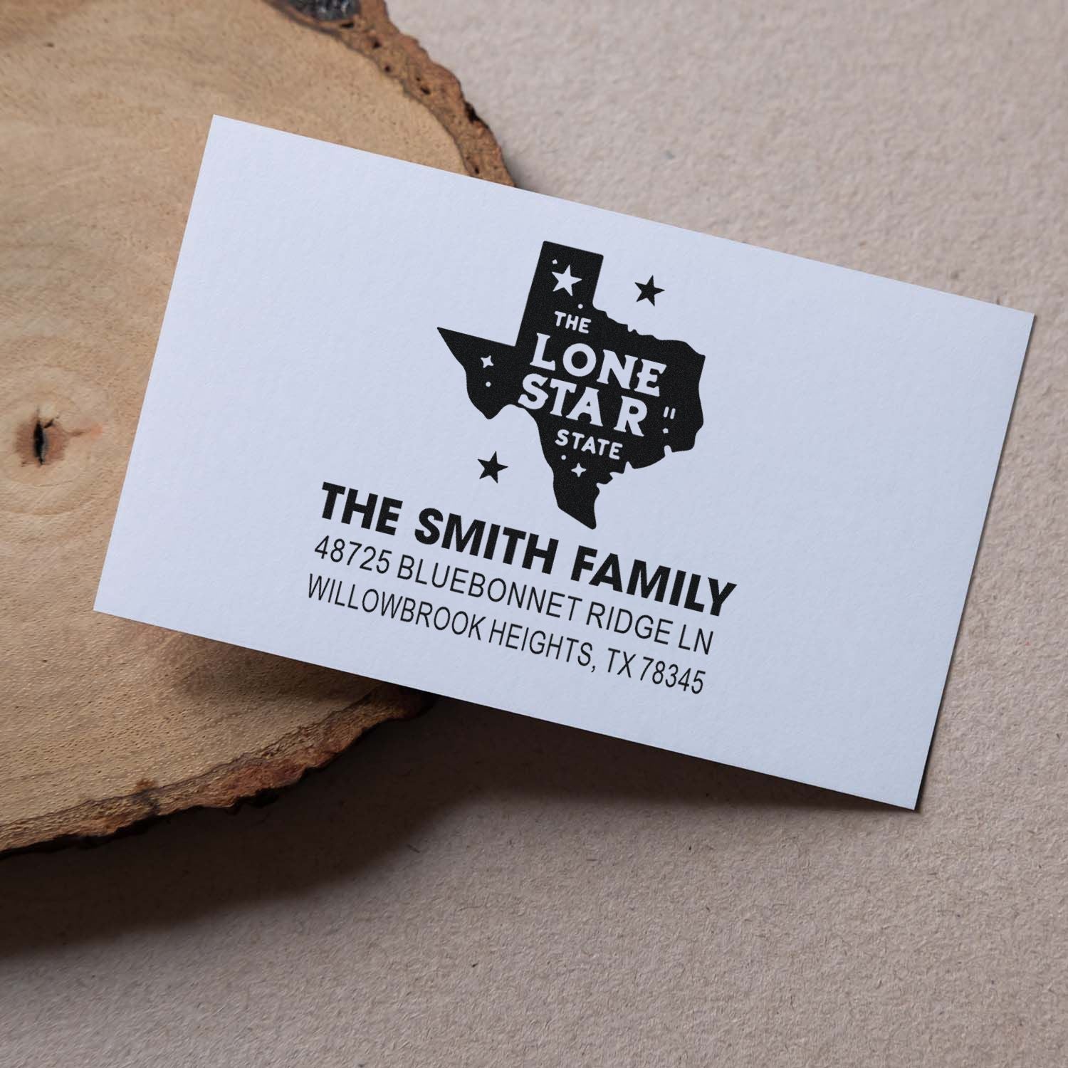 Custom Texas return address rubber stamp with Lone Star State design for The Smith Family