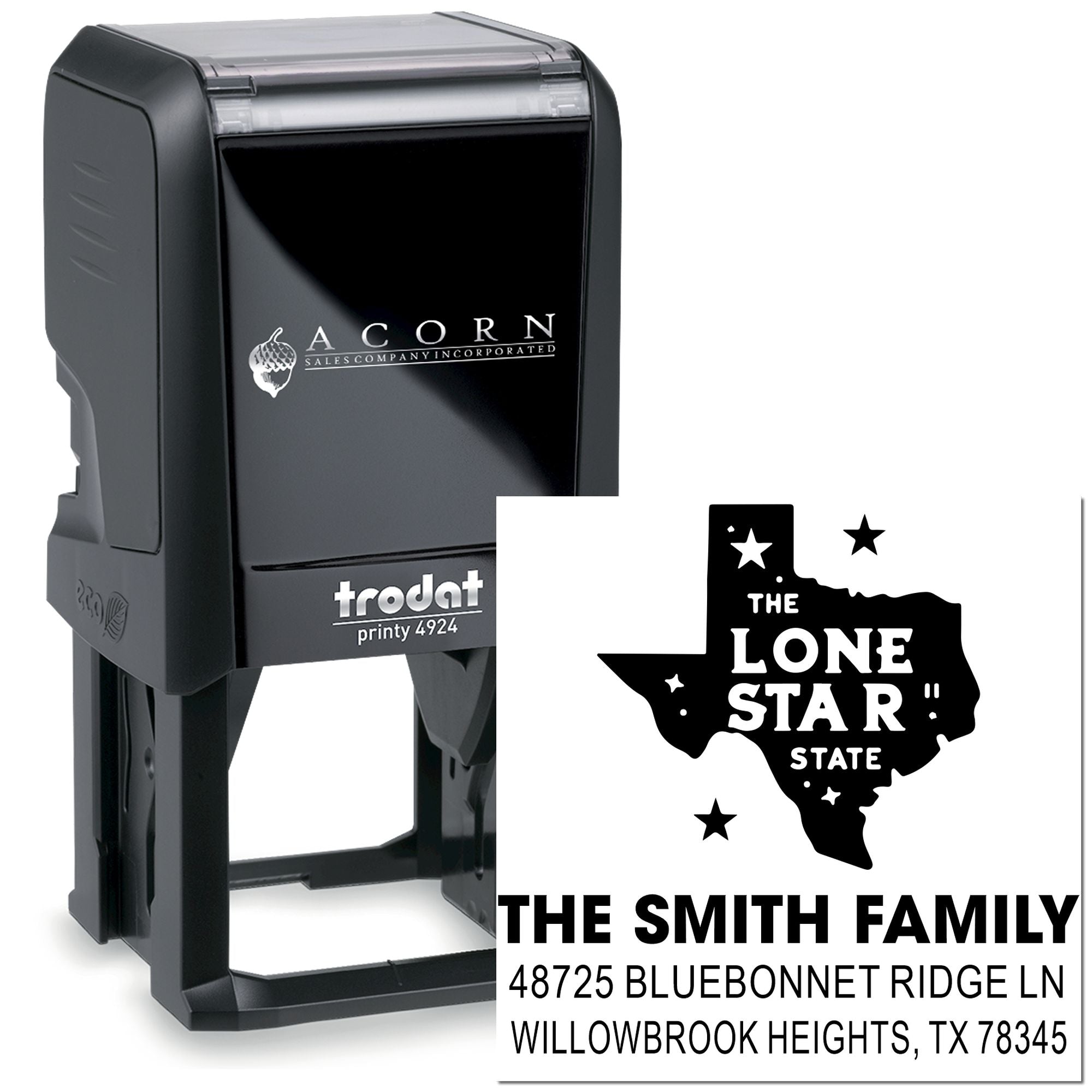 Trodat self-inking rubber stamp with Texas Lone Star design and Smith family return address for custom mailing labels