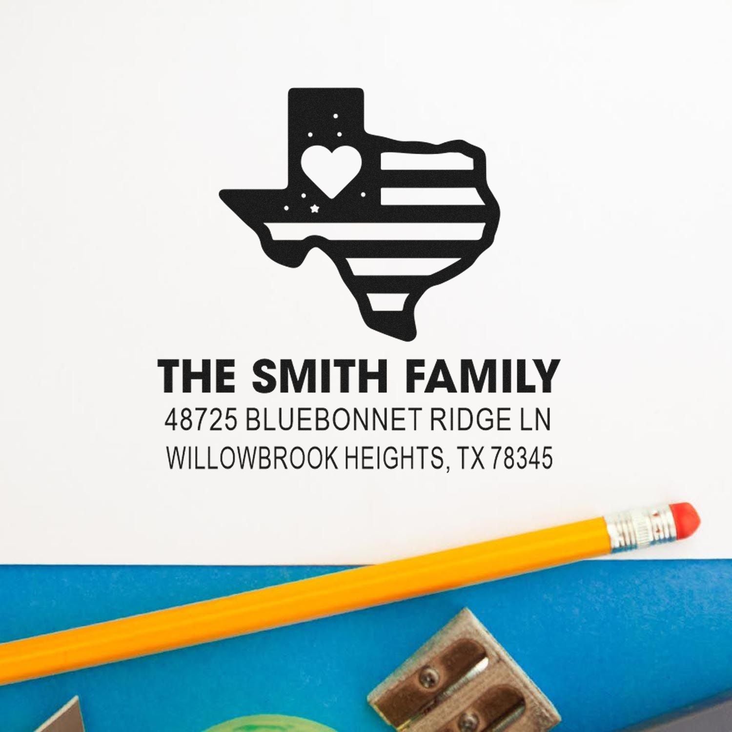 Custom Texas family address rubber stamp with heart flag design, personalized with The Smith Family and Willowbrook Heights address.
