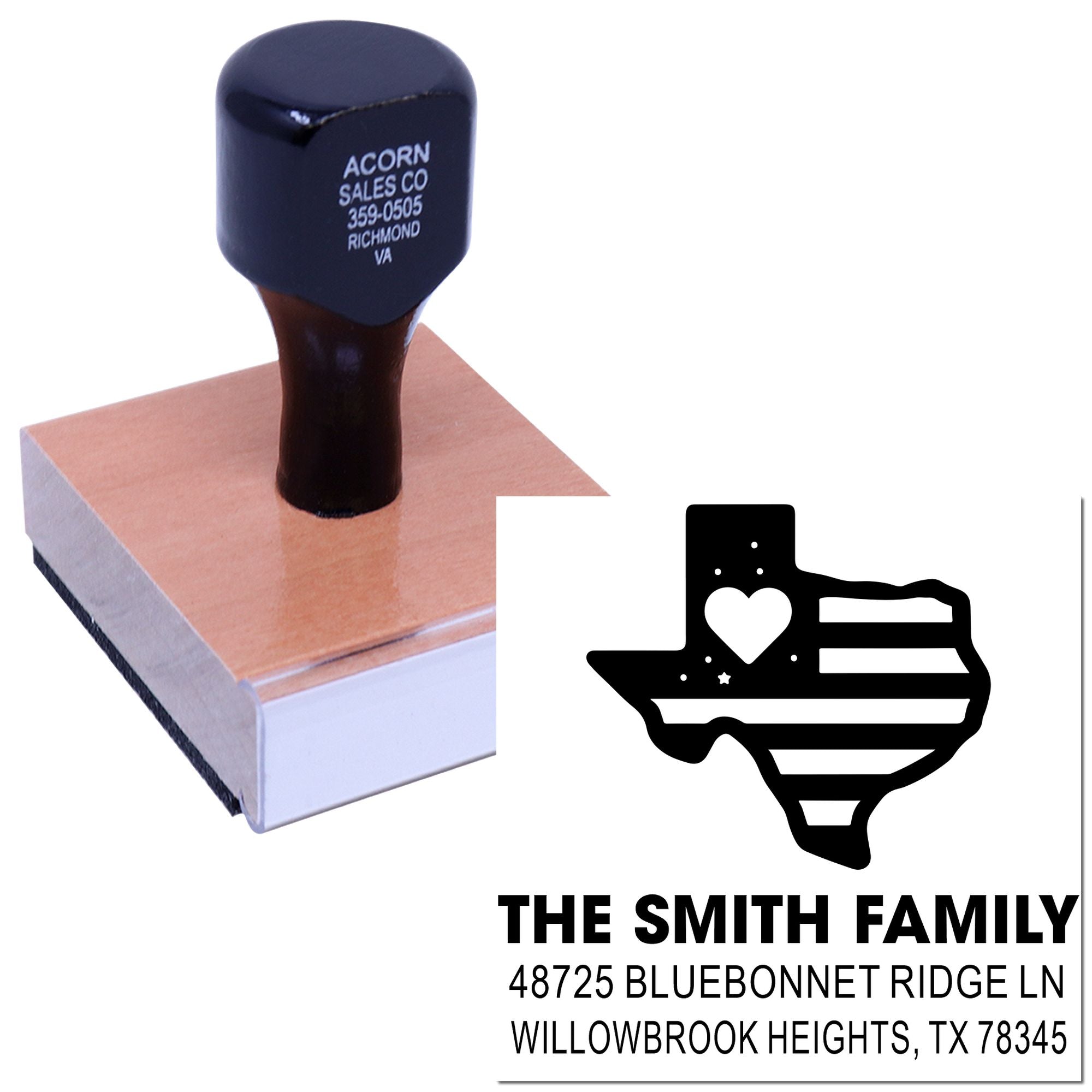 Custom Texas return address rubber stamp with family name, address, and state outline for personalized mailing and crafts.