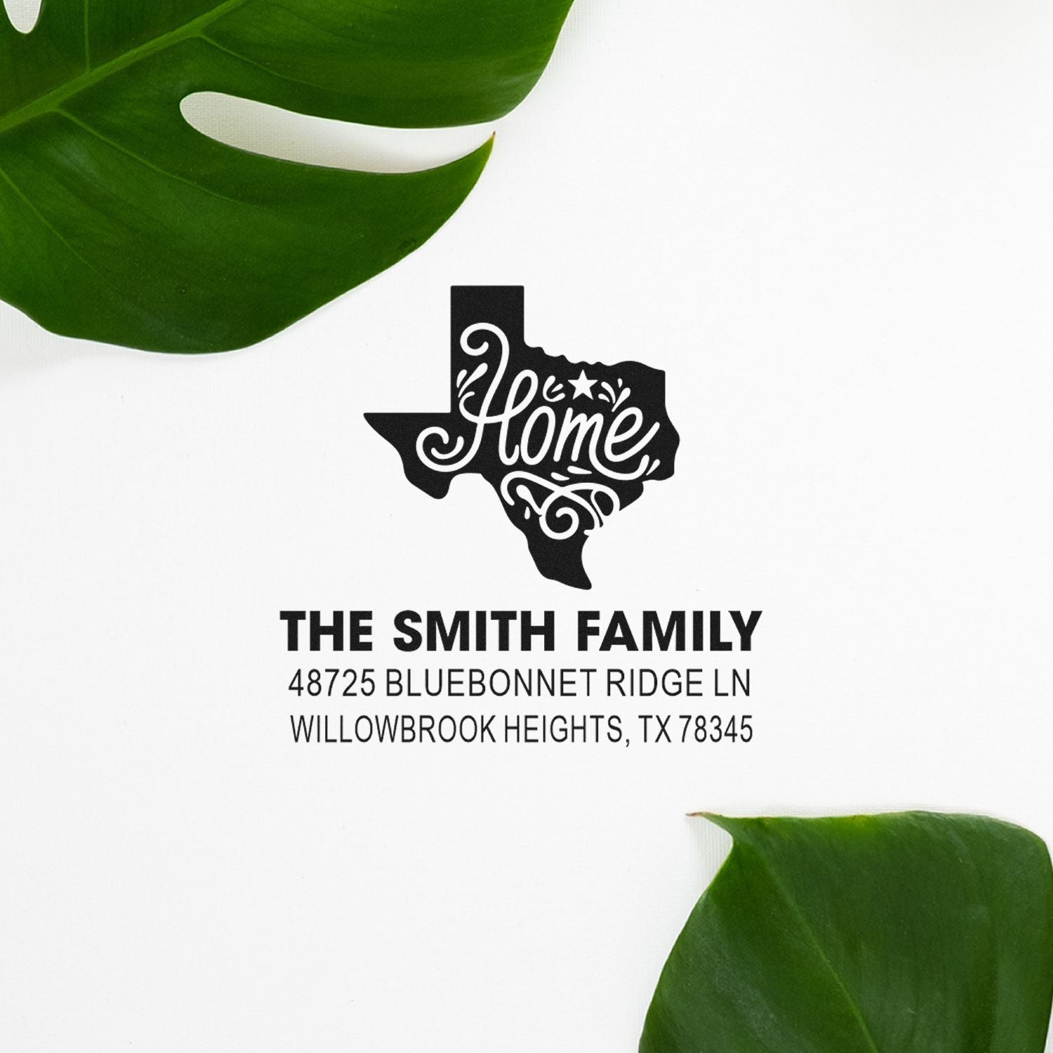 Custom Texas home return address rubber stamp for The Smith Family, Willowbrook Heights, TX.