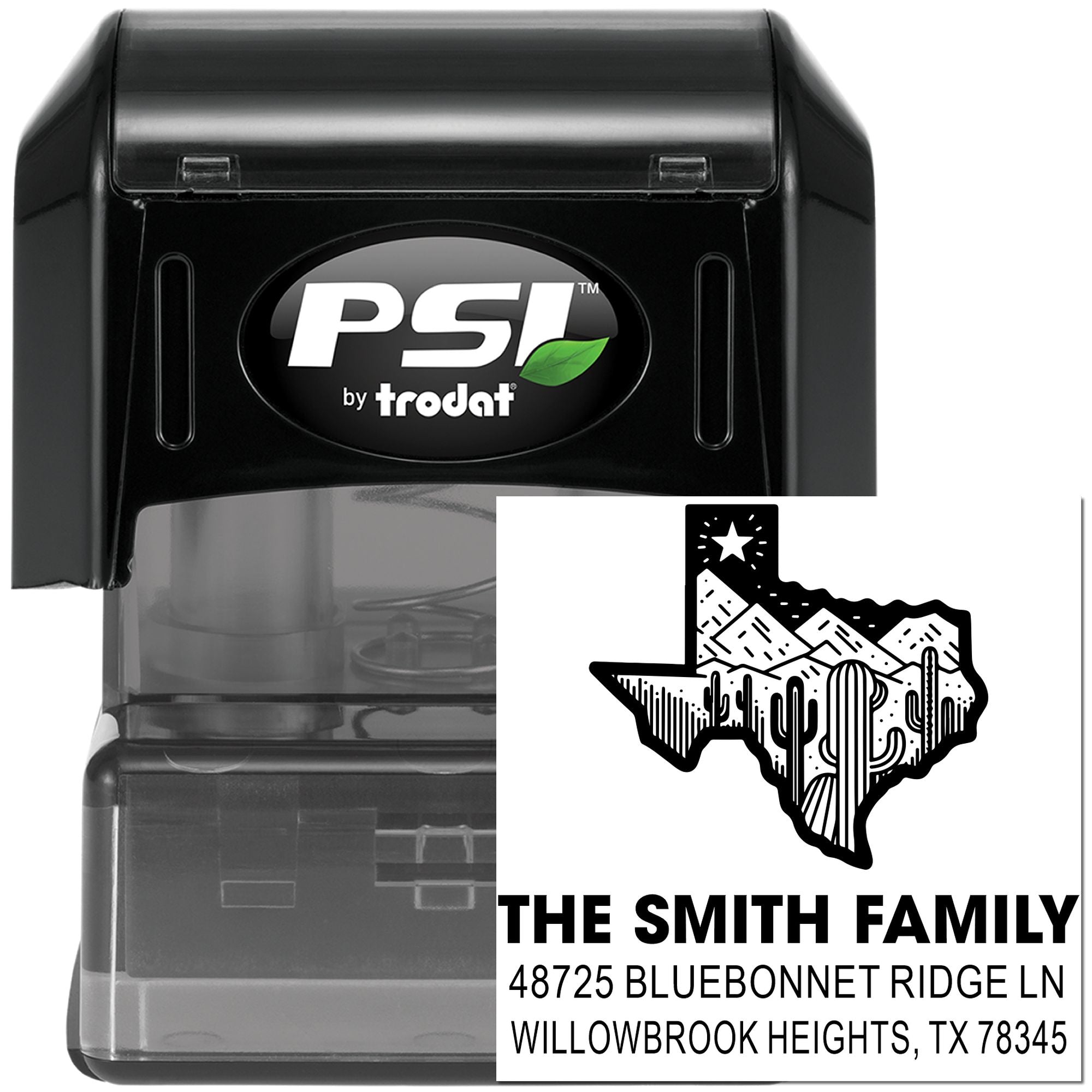 Custom Texas family address self-inking rubber stamp by PSI Trodat with mountain and cactus design