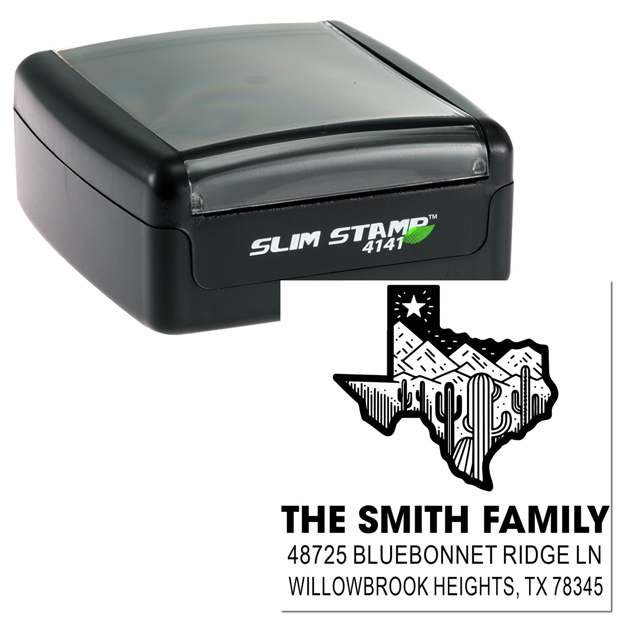 Custom Texas family address rubber stamp with Slim Stamp self-inking case for return addresses and mailing labels.