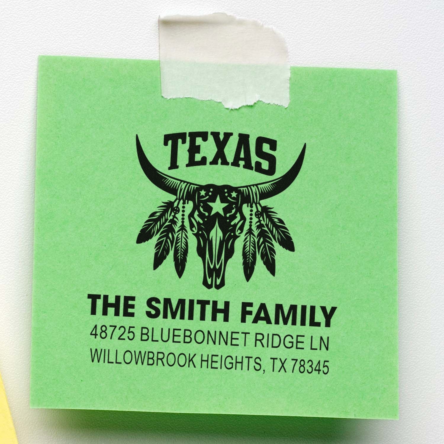 Personalized Texas longhorn return address rubber stamp for The Smith Family with western bull skull design.