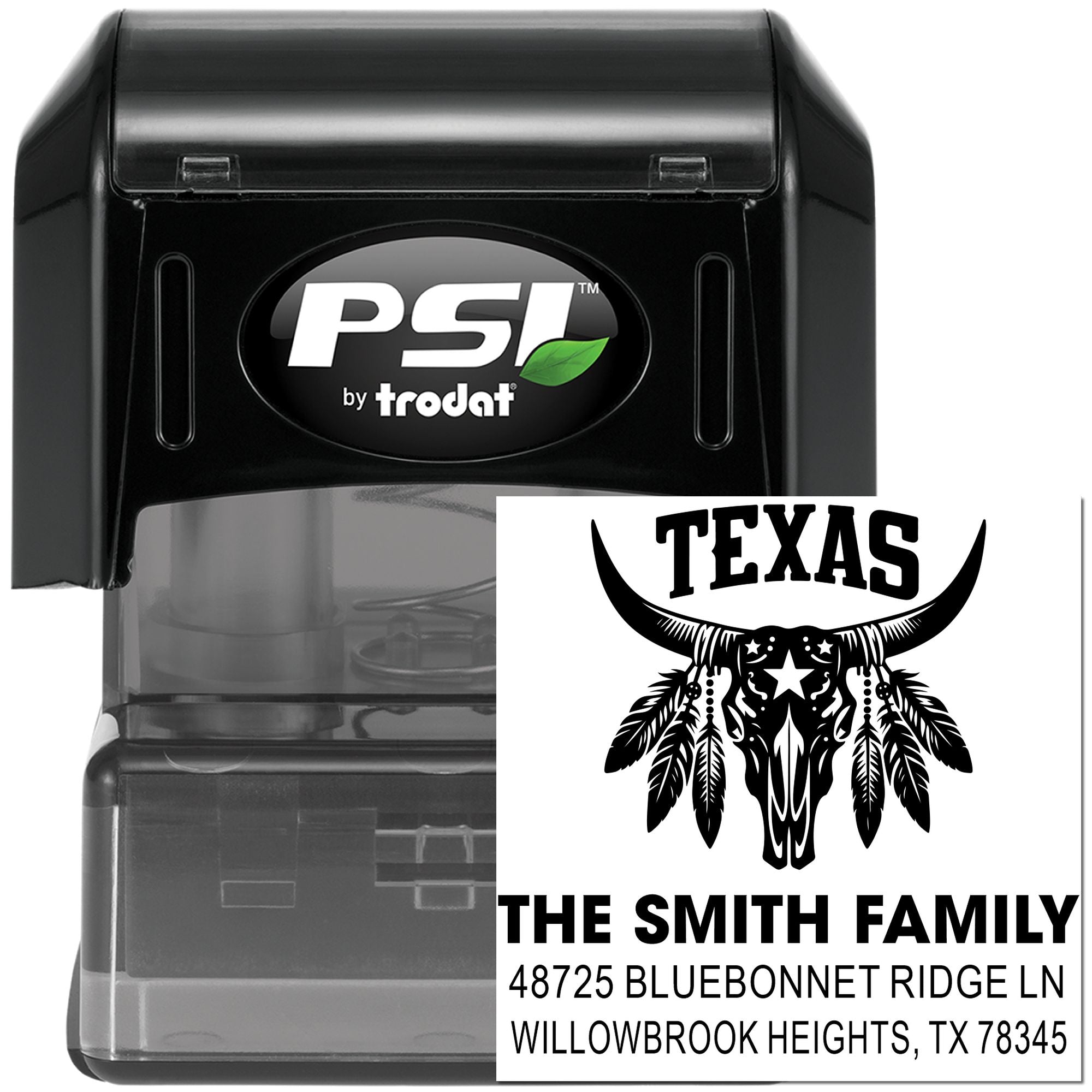 Custom self-inking rubber stamp by PSI Trodat with Texas longhorn design and personalized family address