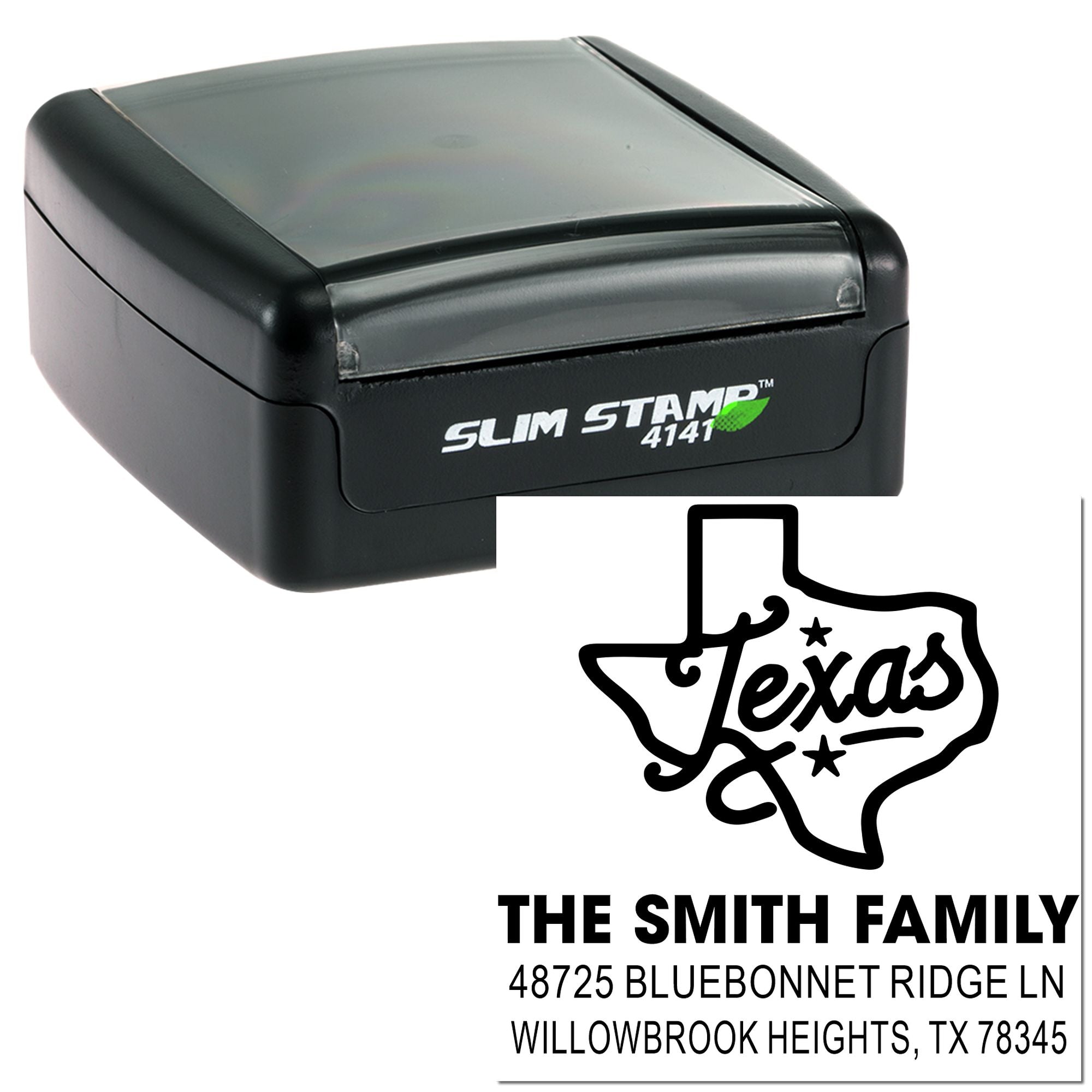 Custom Texas return address rubber stamp with Slim Stamp 4141 self-inking stamp for family name and mailing addresses.