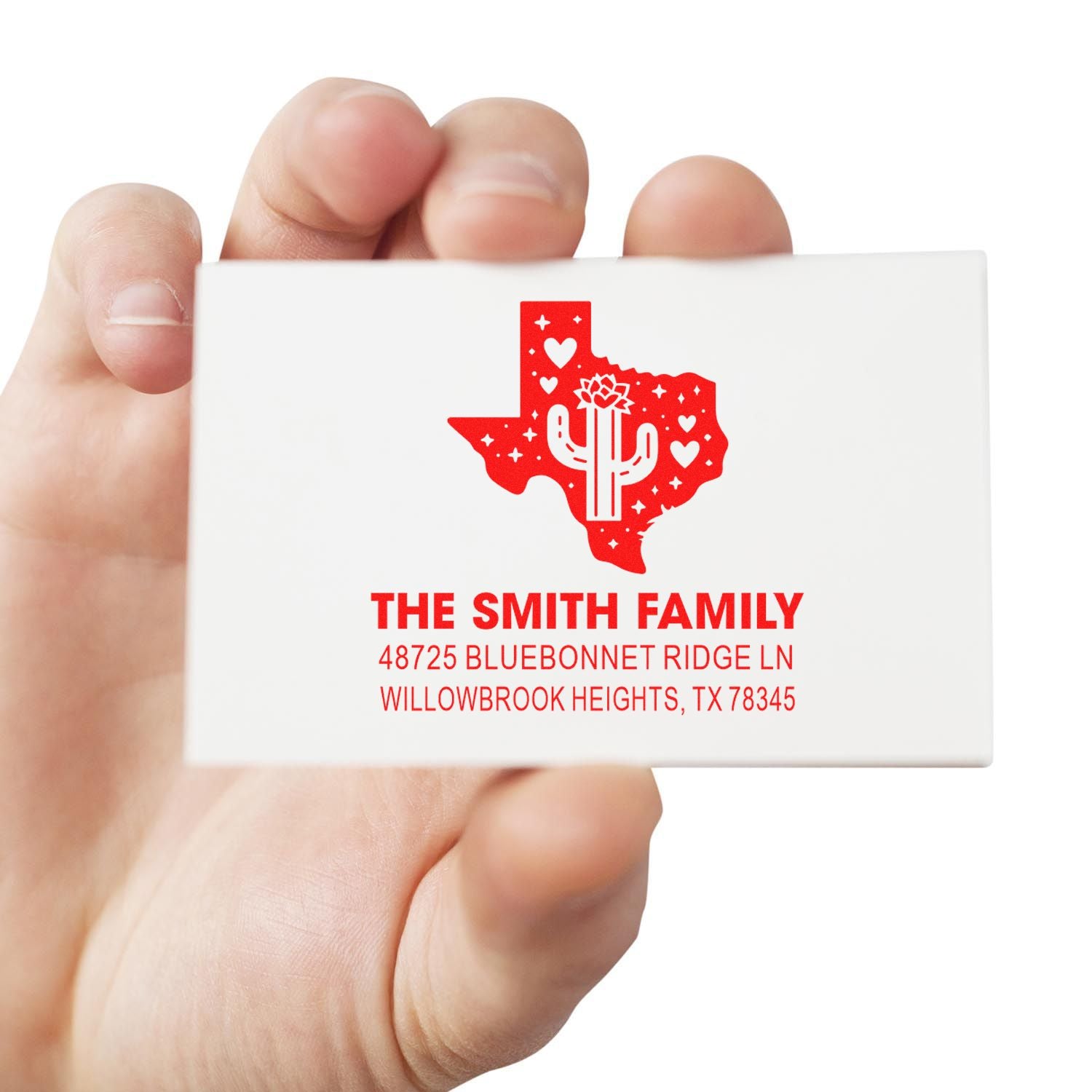 Texas Cactus Heart Personalized 3-Line Rubber Stamp with Square Wood Handle