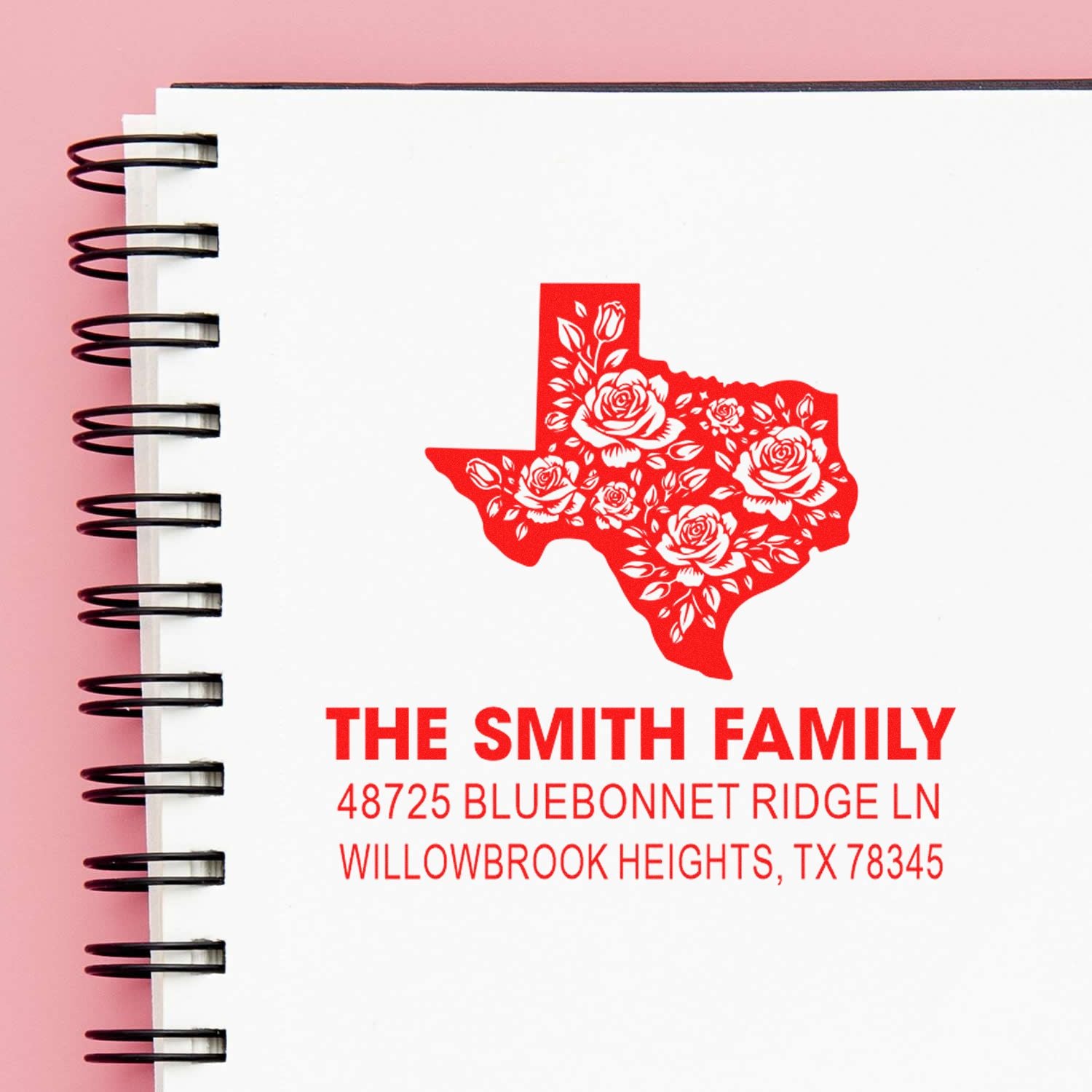 Personalized Texas family address rubber stamp with floral state silhouette, The Smith Family name, and mailing address.