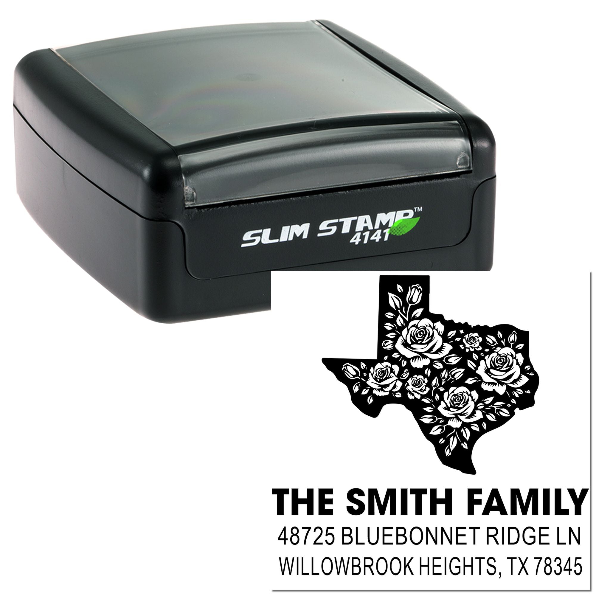 Floral Texas Silhouette State Outline Rubber Stamp, Three-Line Decorative Design for Cards, 1-5/8" Square , Texas-Themed Gift Pre-Inked Stamp