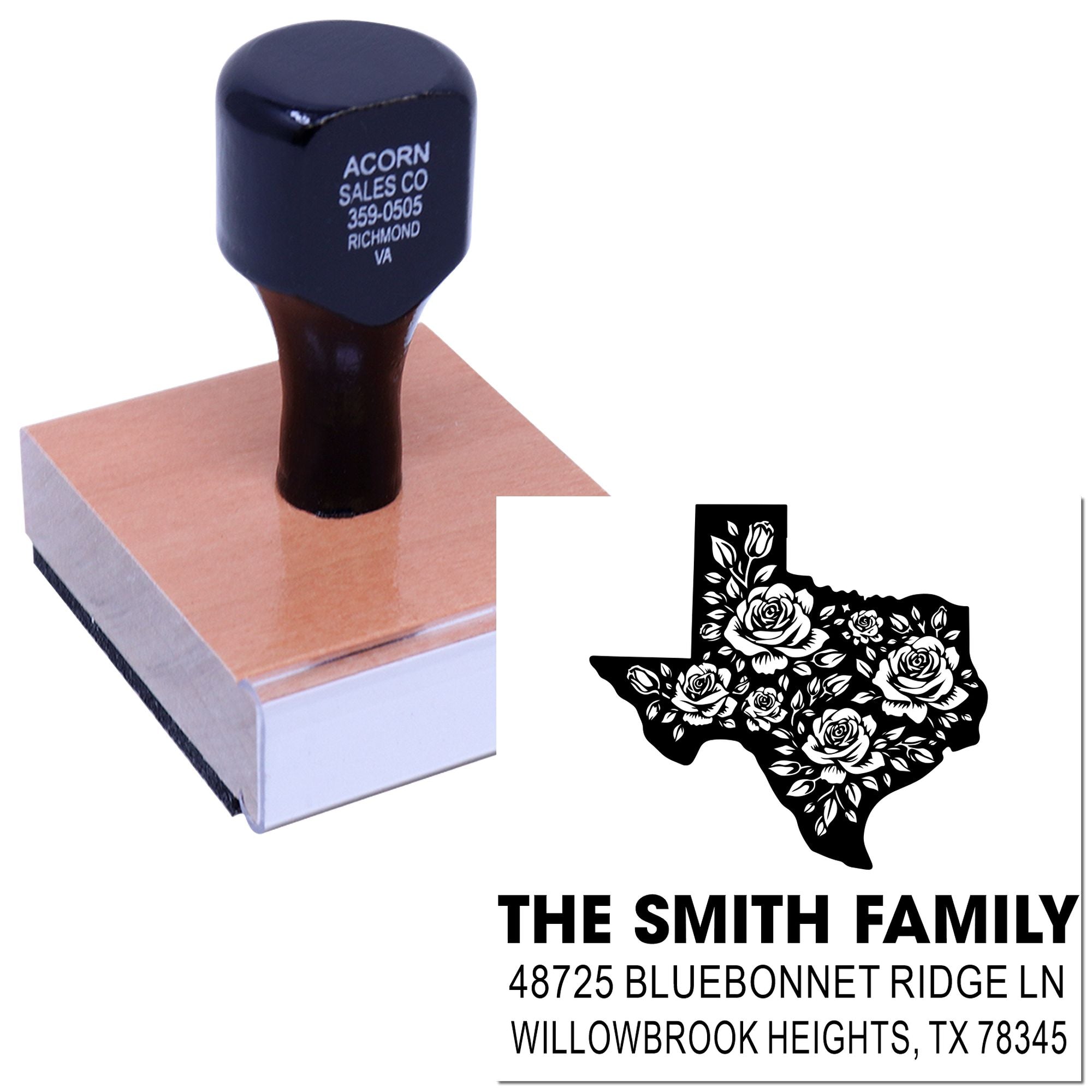 Floral Texas Silhouette Wood Handle Stamp