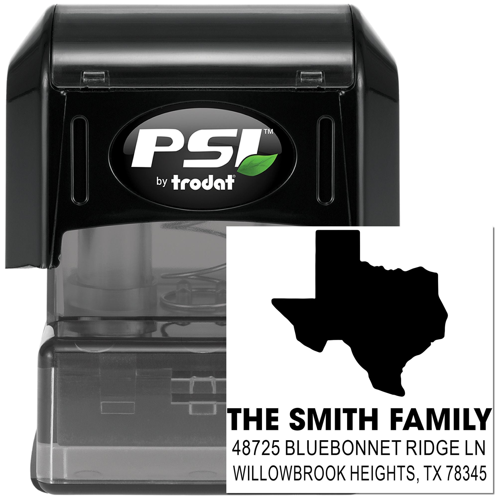 PSI by Trodat custom self-inking family address rubber stamp with Texas outline for personalized mailing and return addresses