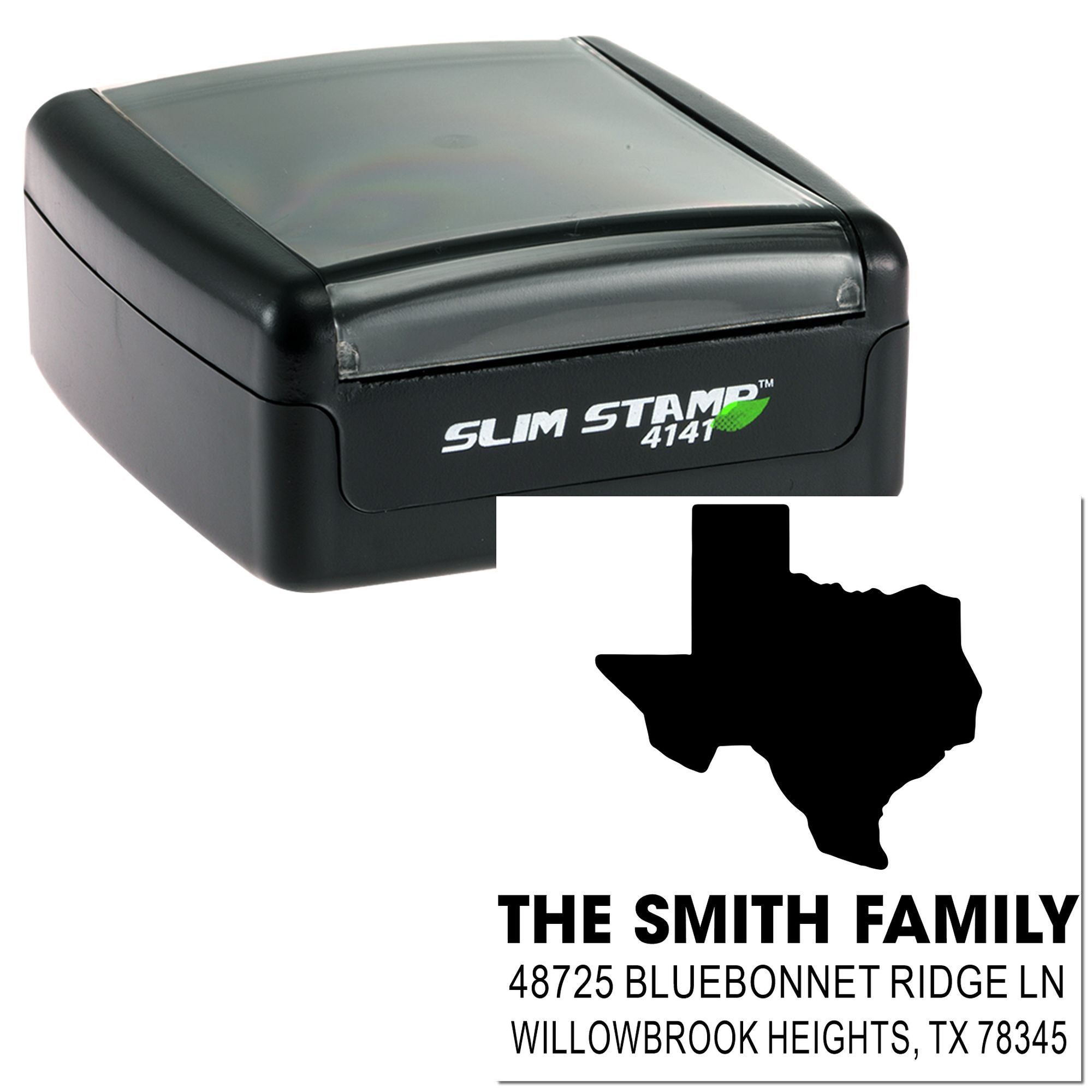 Texas family custom address rubber stamp with Slim Stamp 4141, ideal for return mail and stationery.