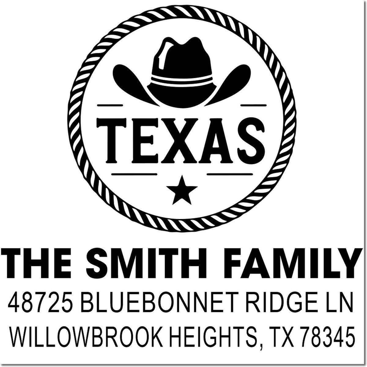Custom Texas return address rubber stamp for The Smith Family, Willowbrook Heights, TX 78345.