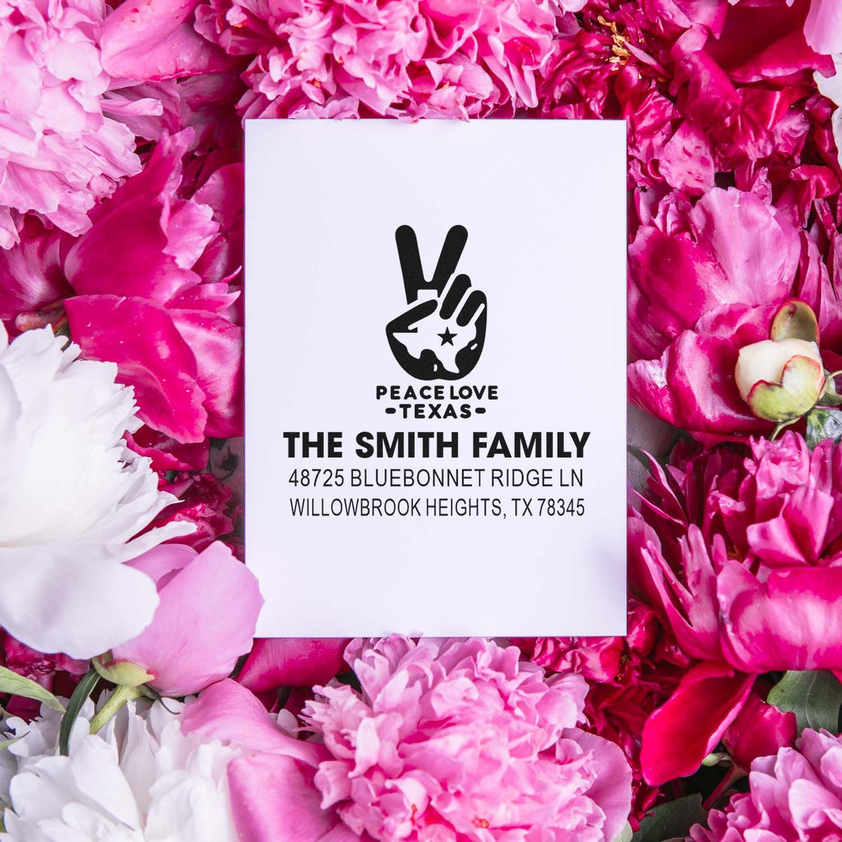 Custom return address rubber stamp for The Smith Family, featuring Peace Love Texas design and Willowbrook Heights, TX address.