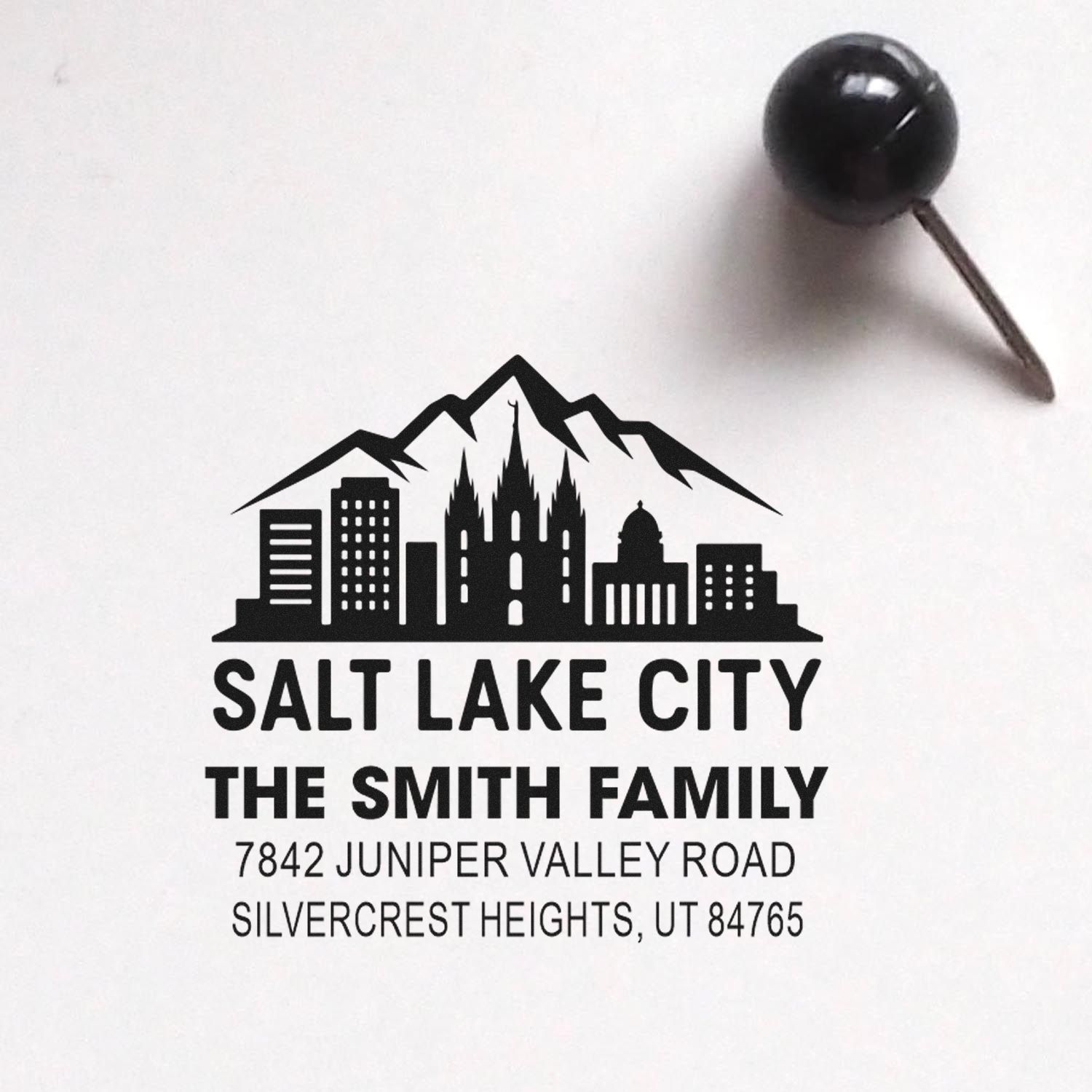Custom rubber address stamp with Salt Lake City skyline, The Smith Family, and Juniper Valley Road, Silvercrest Heights, UT.