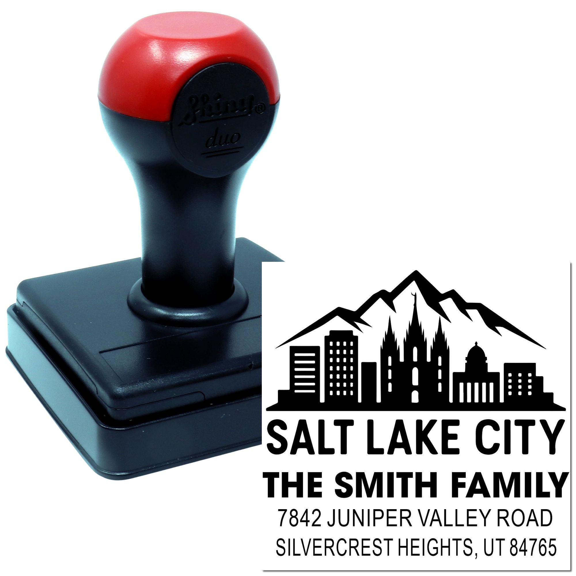 Personalized Mountain City Silhouette Custom Address Stamp, 1-5/8" Square Wood Handle