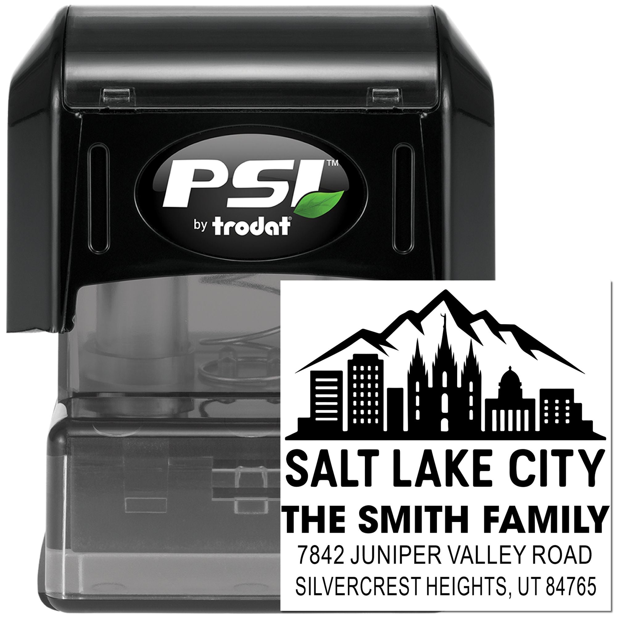 Custom self-inking return address rubber stamp by PSI Trodat with Salt Lake City family name and address imprint