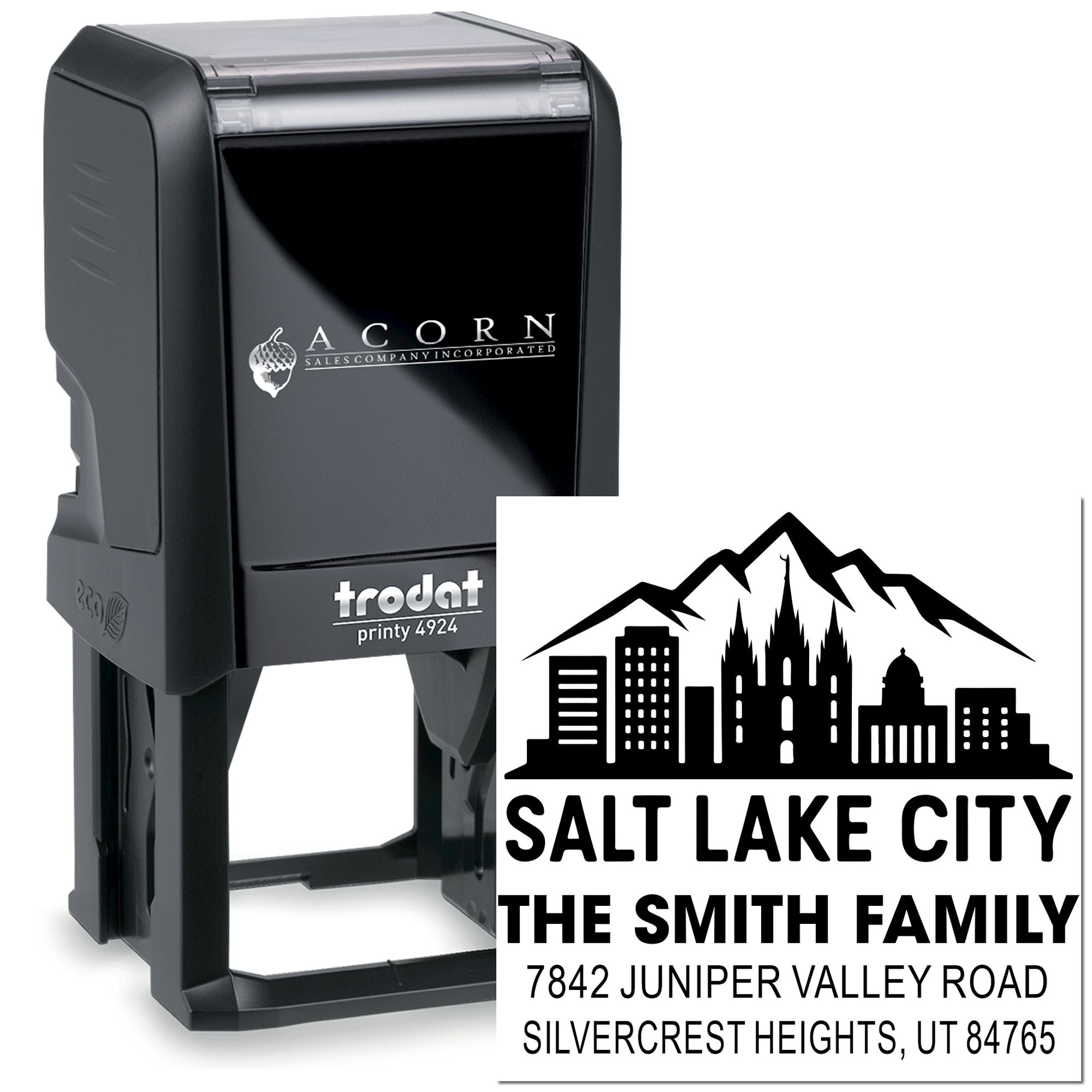 Custom self-inking rubber stamp with Salt Lake City skyline and The Smith Family address design, Trodat Printy 4924.