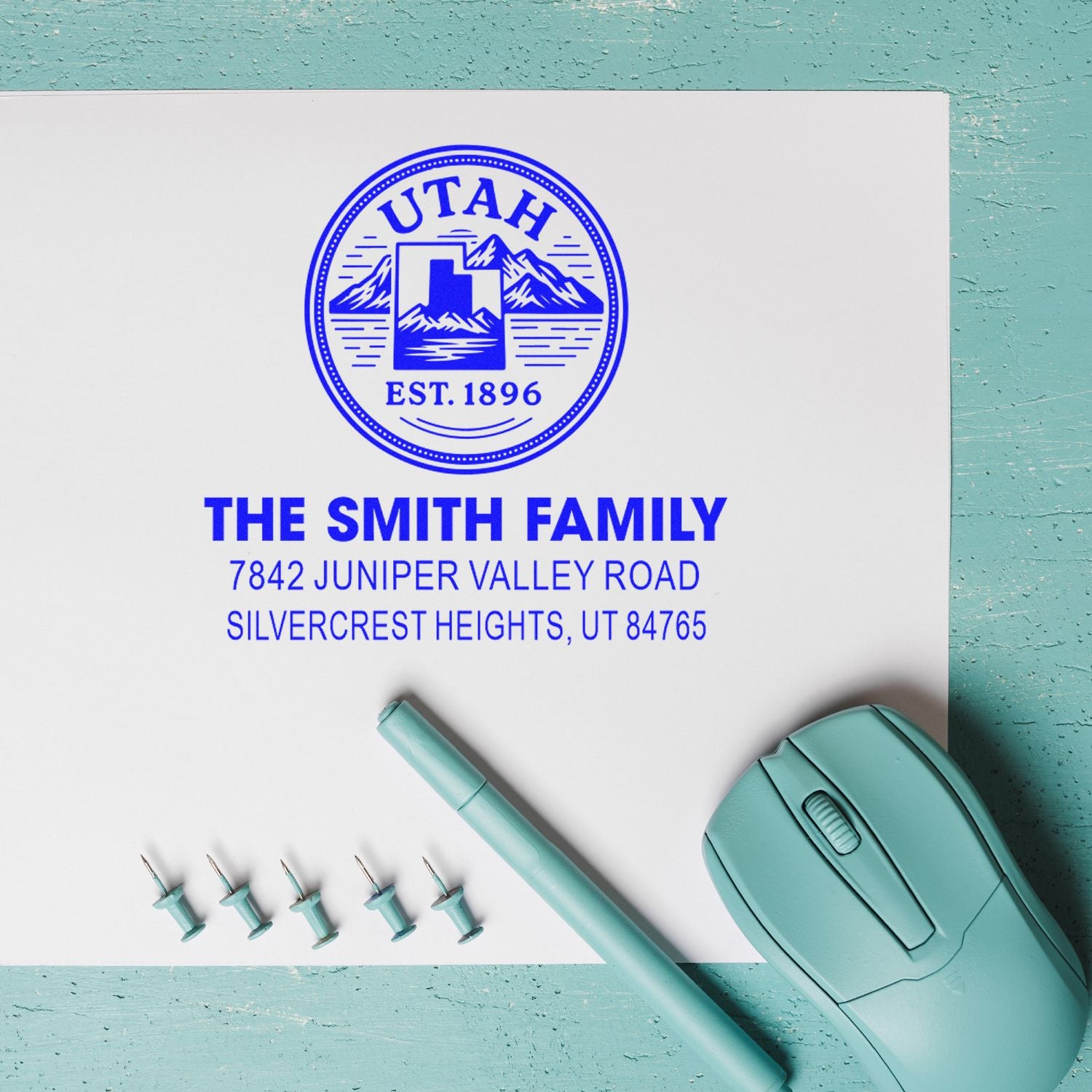 Personalized self-inking rubber stamp for The Smith Family return address with Utah seal design and Silvercrest Heights address.